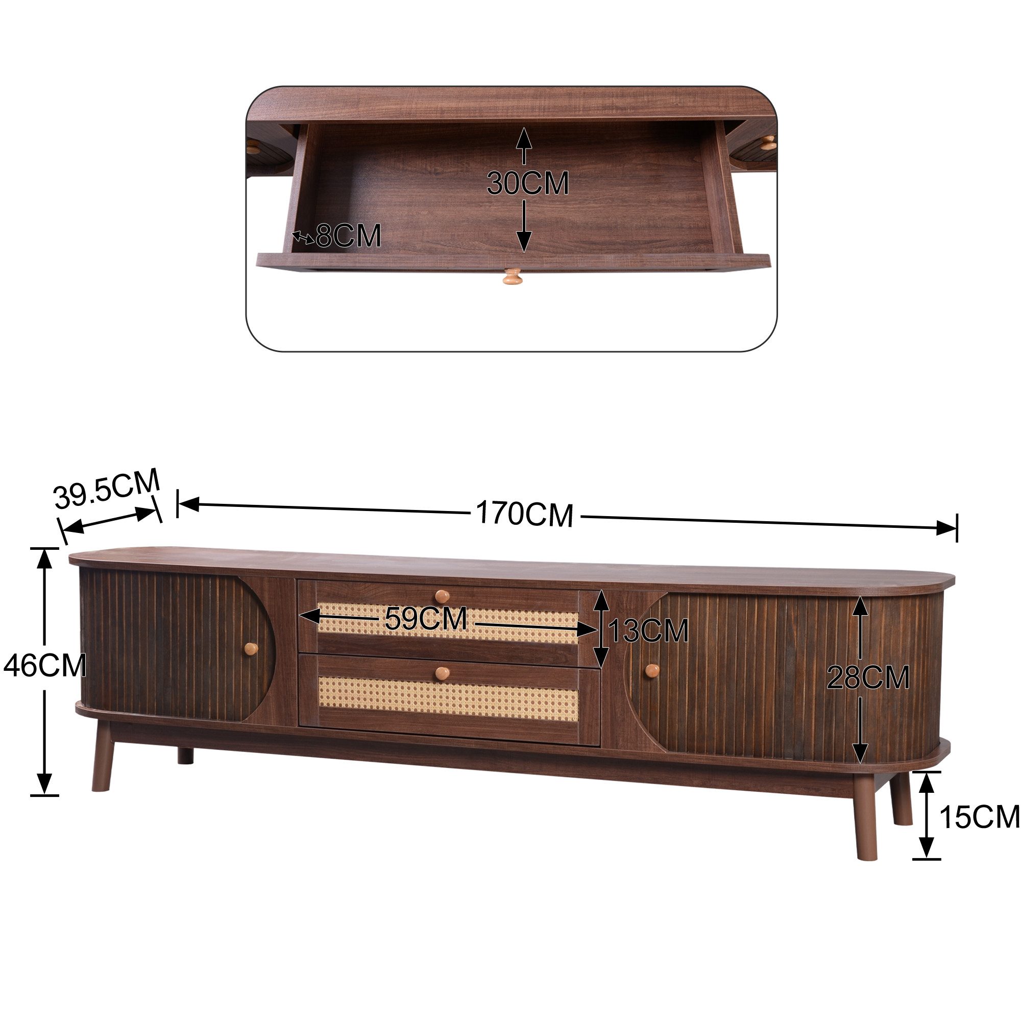 KLAM HOME Lowboard TV-Schrank Mit Natürlichem Rattan Design Und Massivholz (Landhausstil TV Schrank Mit Türen Und Schubladen), 170cm TV Möbel In Holzoptik Für 5 – Bild 3 von 5