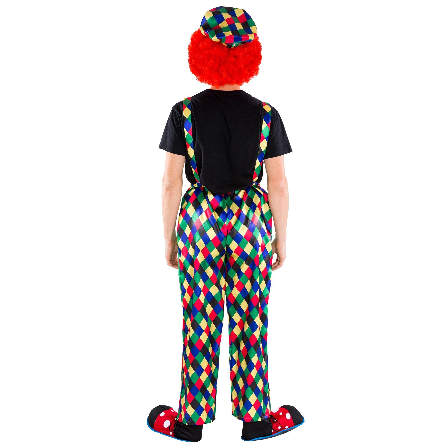 dressforfun Clown-Kostüm Spaßvogel/Komiker, in grün, Gr. XXL, Clown-Nase, 2 große Taschen, Glänzende bunte Latzhose, Träger sind verstellbar, Bunte Schildkappe