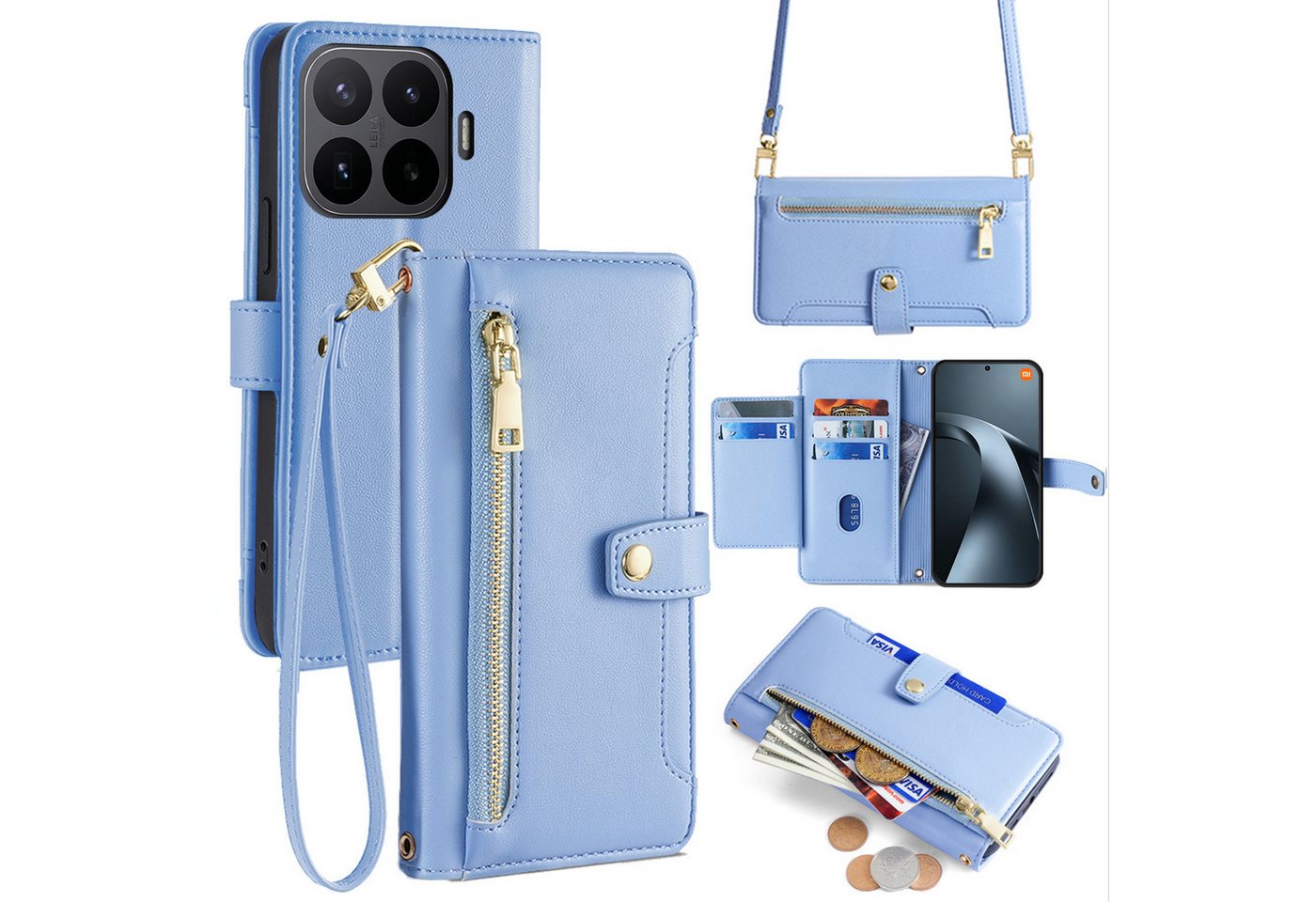 betterfon Handykette mit Portemonnaie für Xiaomi 17T Pro - Handykette 5 Kartenfächer Blau, 5 Kartenfächer + verstellbare Kette & Standfunktion mit TPU-Schutz