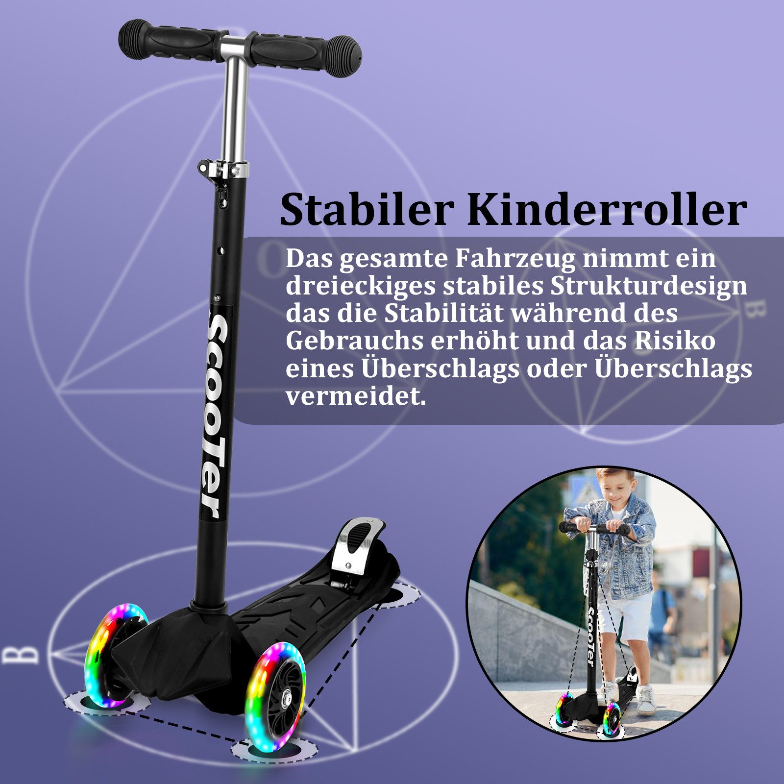 Clanmacy Scooter Kinderroller Tretroller LED-Räder bis 50 kg Höhenverstellbar – Bild 5 von 5
