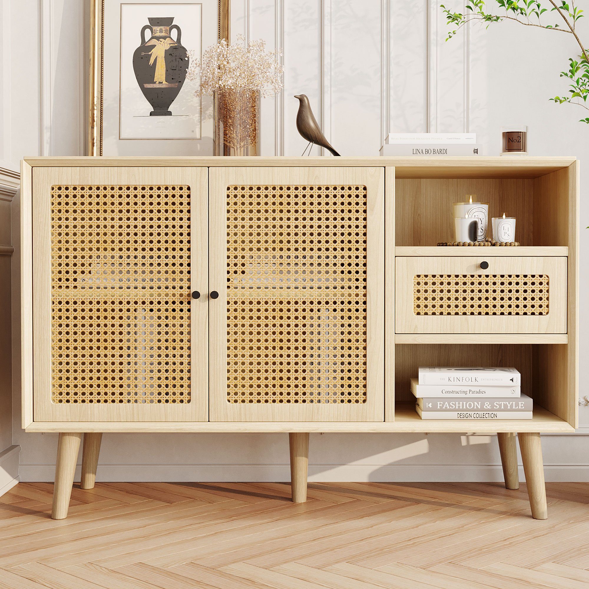 Flieks Sideboard, Kommode mit 1 Schubladen und 2 Türen Rattangeflecht 120x40x80cm