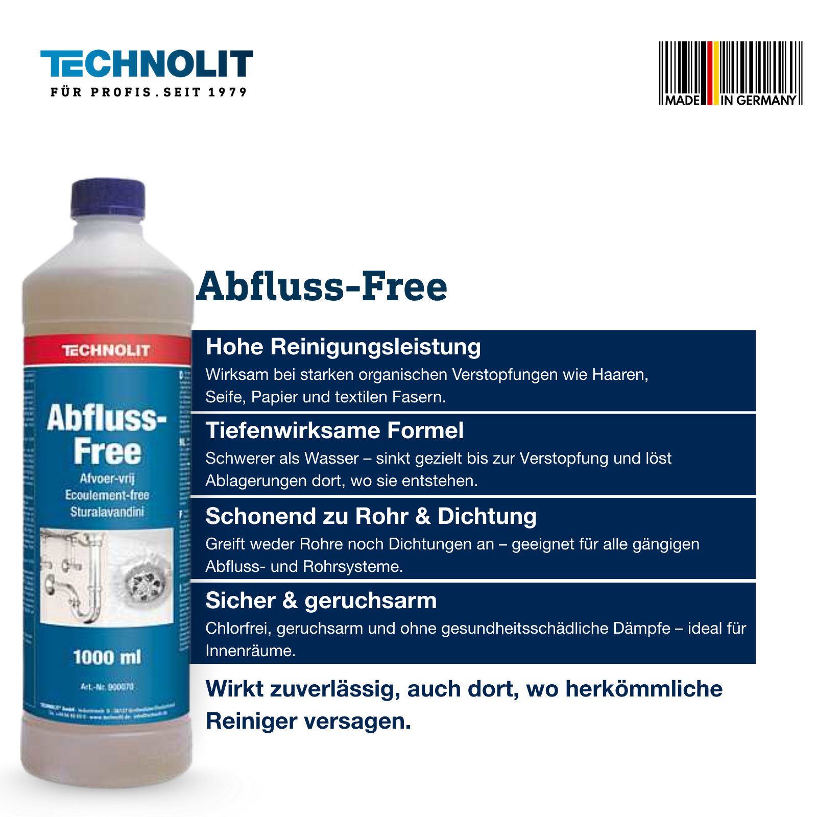 TECHNOLIT® Abfluss-Free Reinigungskonzentrat 1 Liter Abflussreiniger Rohrreiniger Rohrreiniger