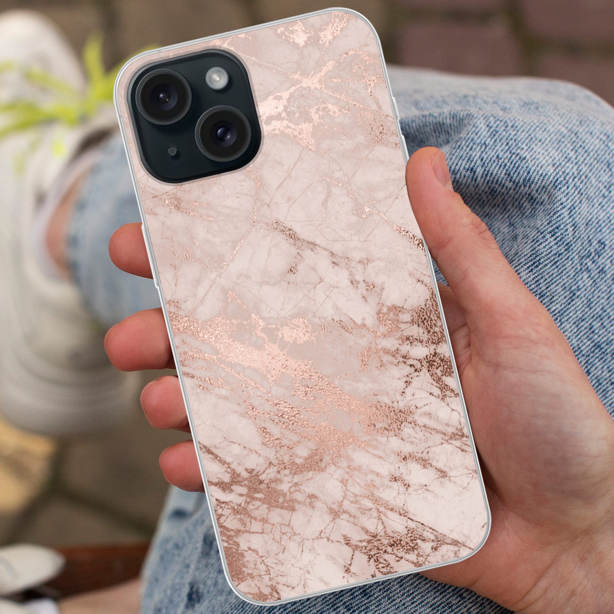MuchoWow Handyhülle für Apple iPhone 15 Marmor - Rosa - Luxus - Marmoroptik - Glitzer - De, Smartphone-Bumper, Print, Handy Schutzhülle Dünn