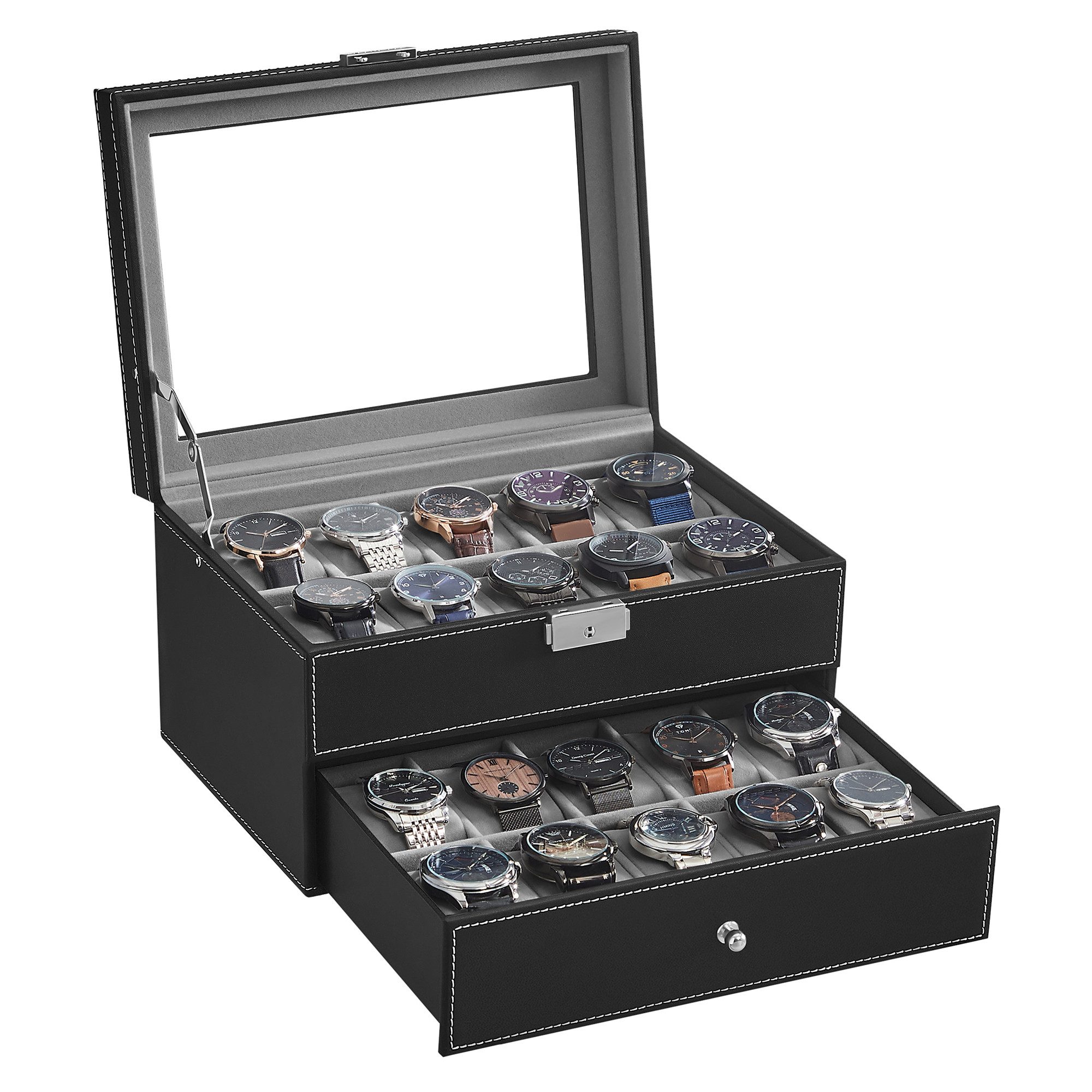 SONGMICS Uhrenbox, für 20 Uhren, 2 Ebenen, mit Glasdeckel