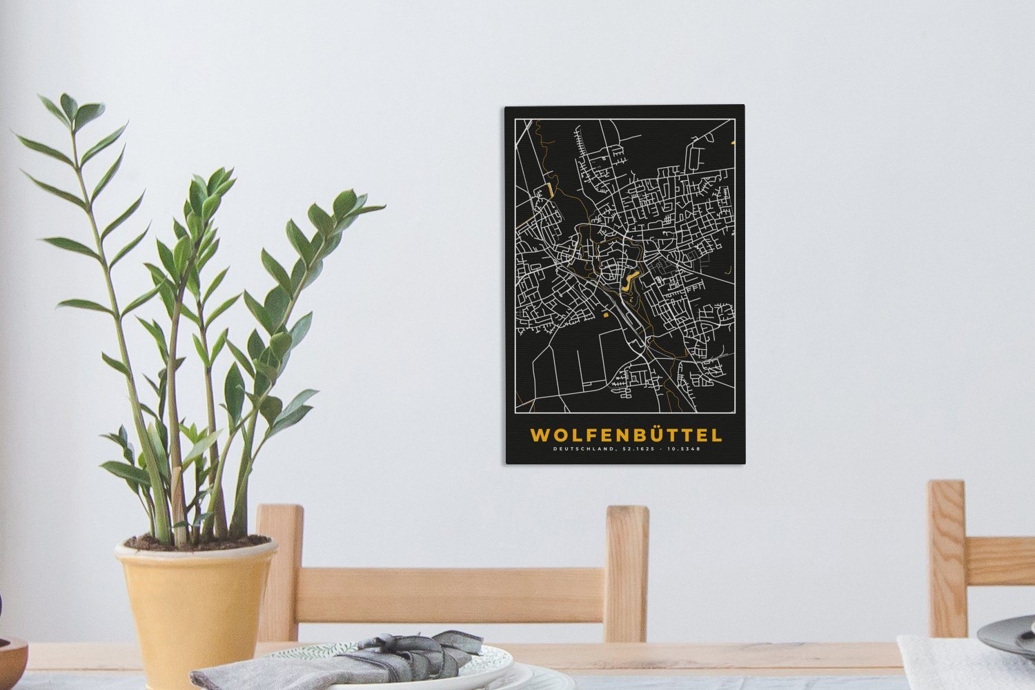 und - Zackenaufhänger, Stadtplan cm bespannt 20x30 Wolfenbüttel St), OneMillionCanvasses® Deutschland Leinwandbild inkl. Schwarz Gold - - fertig Karte, (1 - Leinwandbild Gemälde,