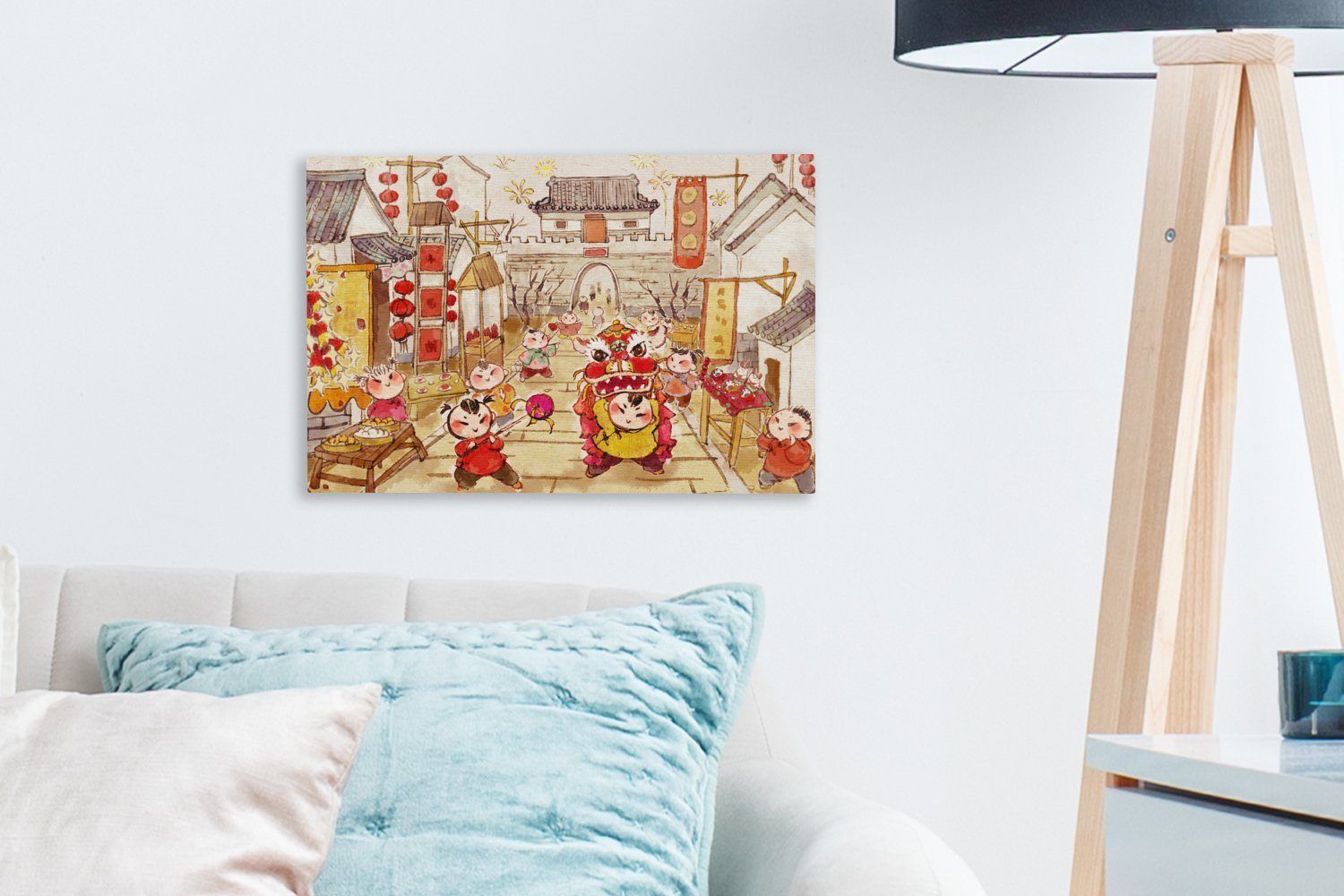 OneMillionCanvasses® Leinwandbild Eine Illustration eines (1 cm Hutong Peking, in St), Wanddeko, Wandbild in Leinwandbilder, Aufhängefertig, 30x20 Straßenfestes einem