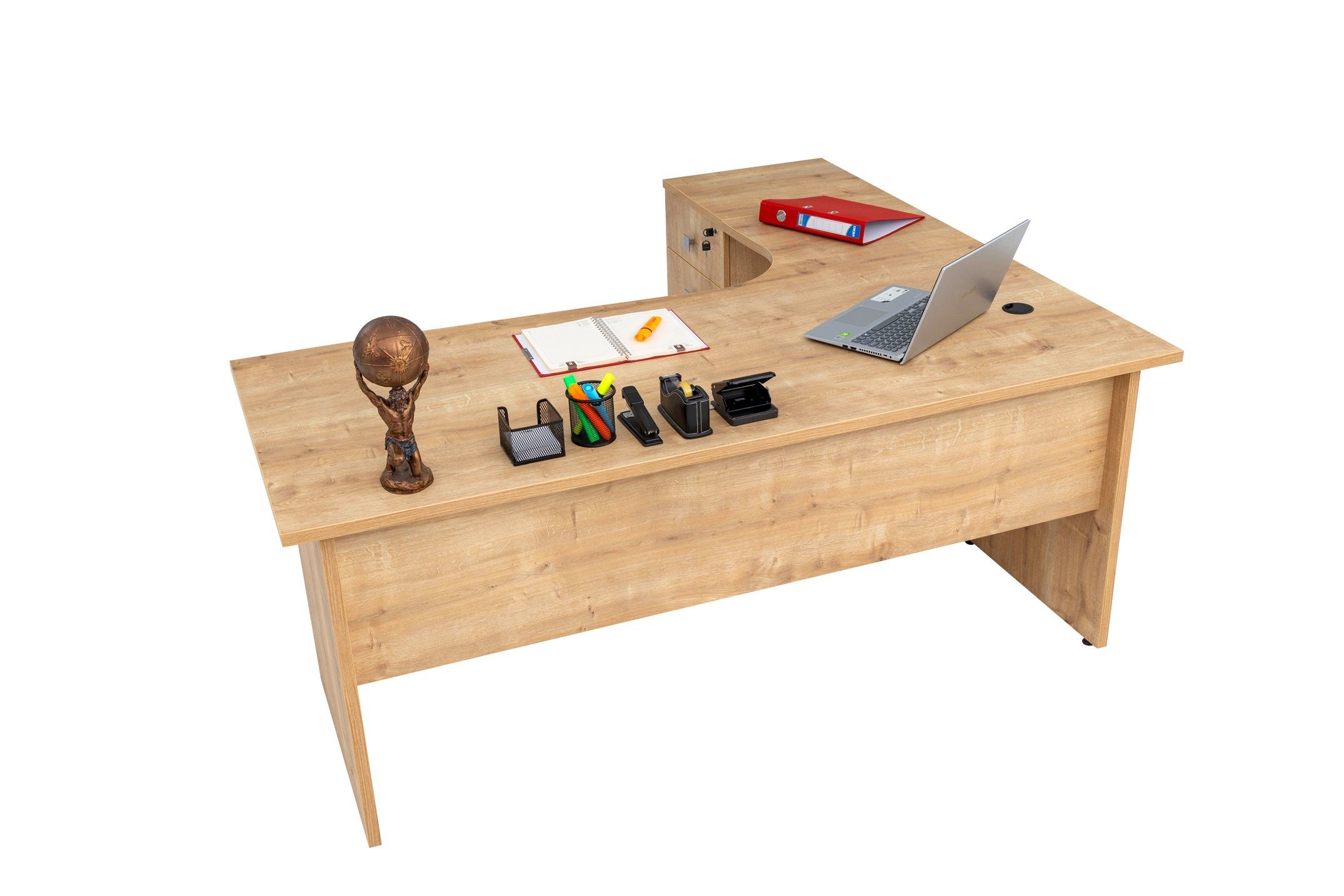 Schreibtisch Winkelschreibtisch inkl. cm, Beistellcontainer Furni24 Dona,Holzfuss,Eiche,180