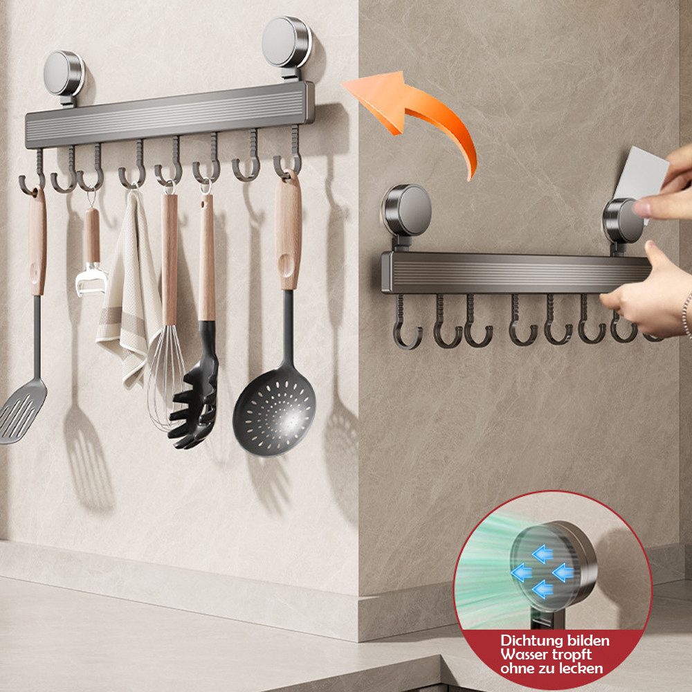 TUWENA Hakenleiste Hakenleiste Küche Ohne Bohren, 40cm Küchenregal mit Saugnapf, 8 Haken, Hohe Tragfähigkeit, Abnehmbare Küchenhaken für Badezimmer Schlafzimmer – Bild 4 von 5