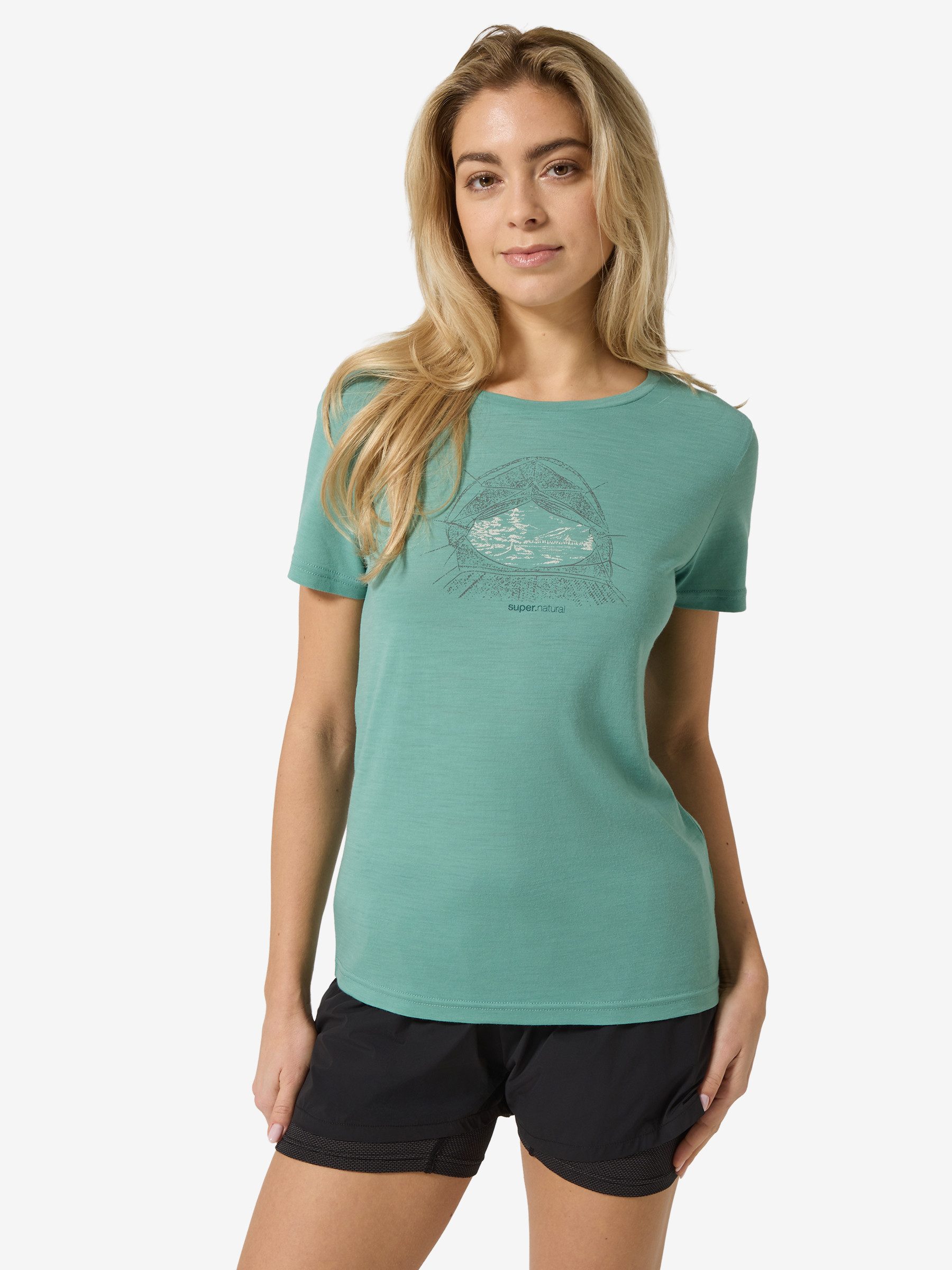 SUPER.NATURAL T-Shirt für Damen,Merino W TENT VIEW TEE mit Berg-Motiv, atmungsaktiv