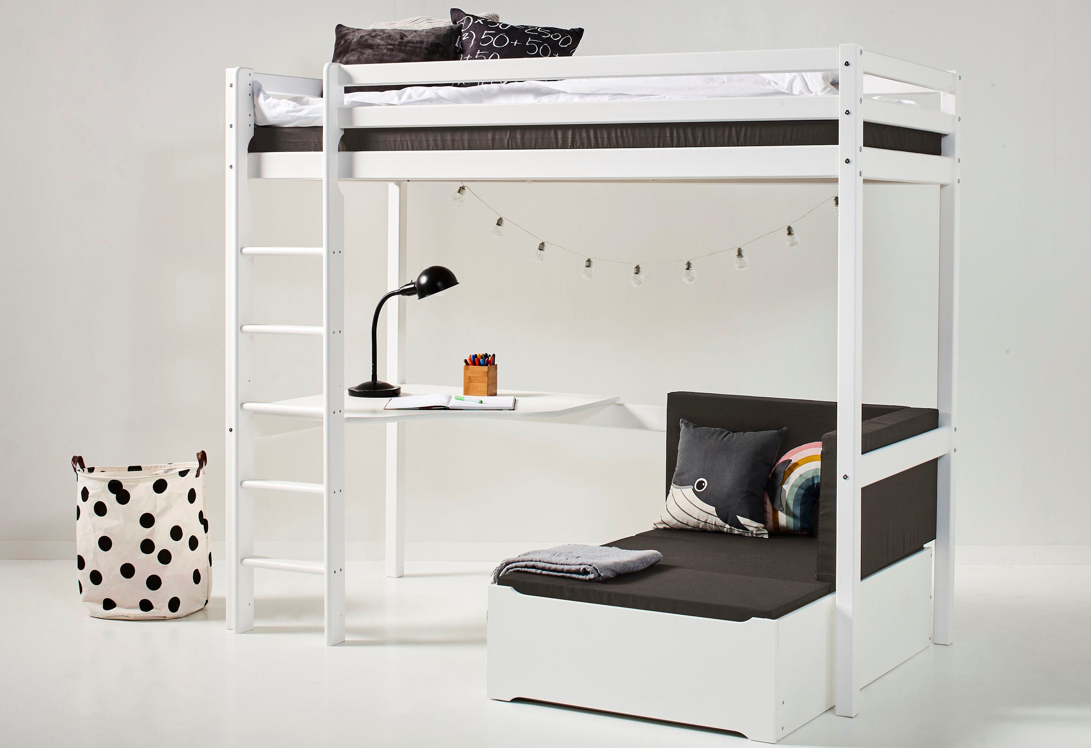 Hoppekids Hochbett ECO Dream 90x200 mit Schreibtisch & Loungesofa / Gästebett Kinderbett aus Massivholz, Sofa ausziehbar zum Gästebett