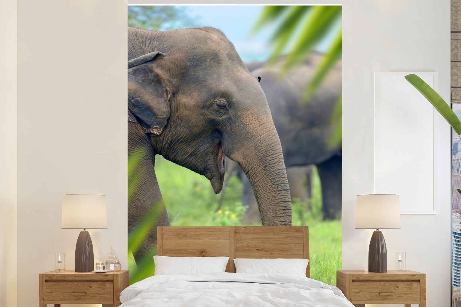 MuchoWow Fototapete Elefant - Palme - Tiere, Matt, bedruckt, (3 St), Montagefertig Vinyl Tapete für Wohnzimmer, Wandtapete