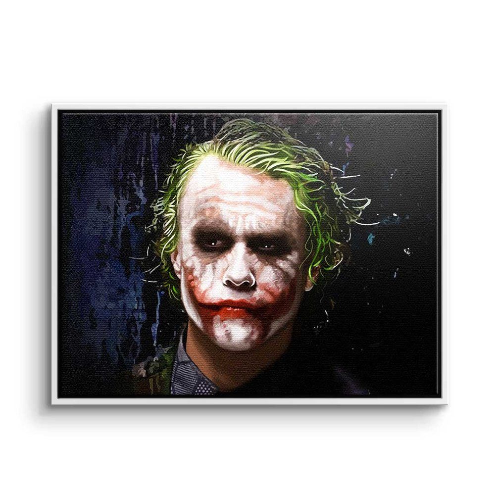 DOTCOMCANVAS® Leinwandbild, Leinwandbild mit schwarz Rahmen Film TV Porträt Charakter Joker schwarzer crazy Batman
