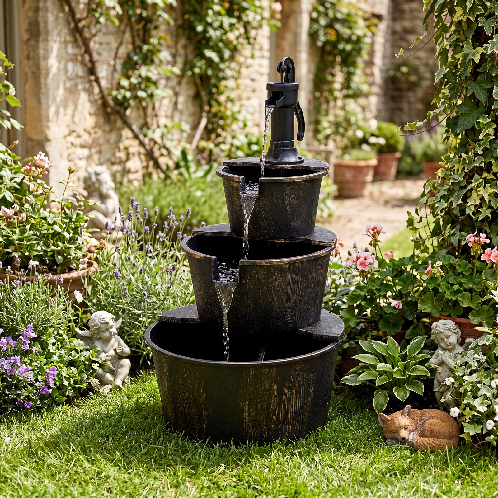 COSTWAY Wasserspiel 3-stufiger Gartenbrunnen mit Pumpe, Springbrunnen aus PP