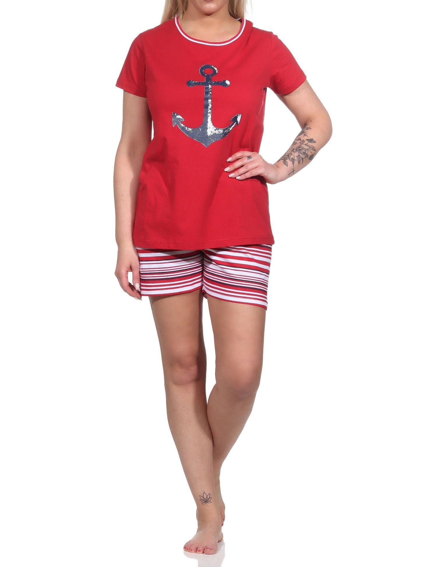 Normann Pyjama Damen Shorty Pyjama mit Anker-Motiv und gestreiften Shorts