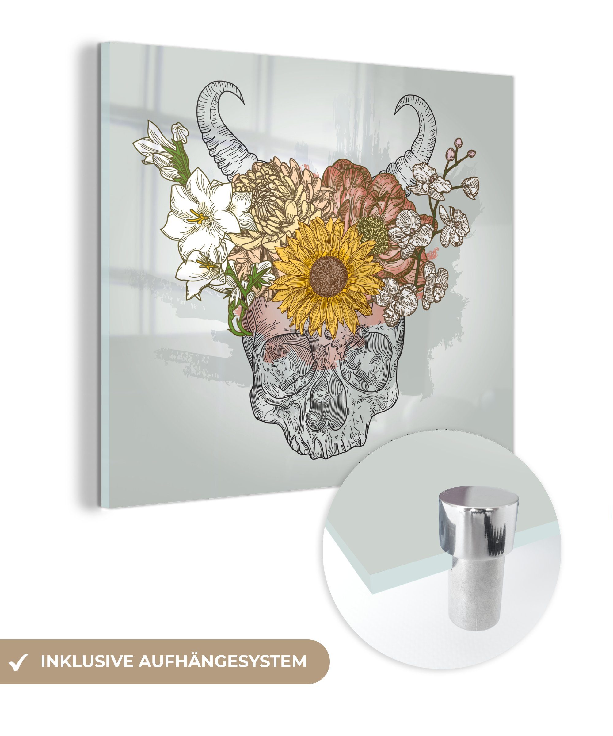 MuchoWow Acrylglasbild Schönes Blumenarrangement auf Totenkopf, (1 St), Glasbilder - Bilder auf Glas Wandbild - Foto auf Glas - Wanddekoration
