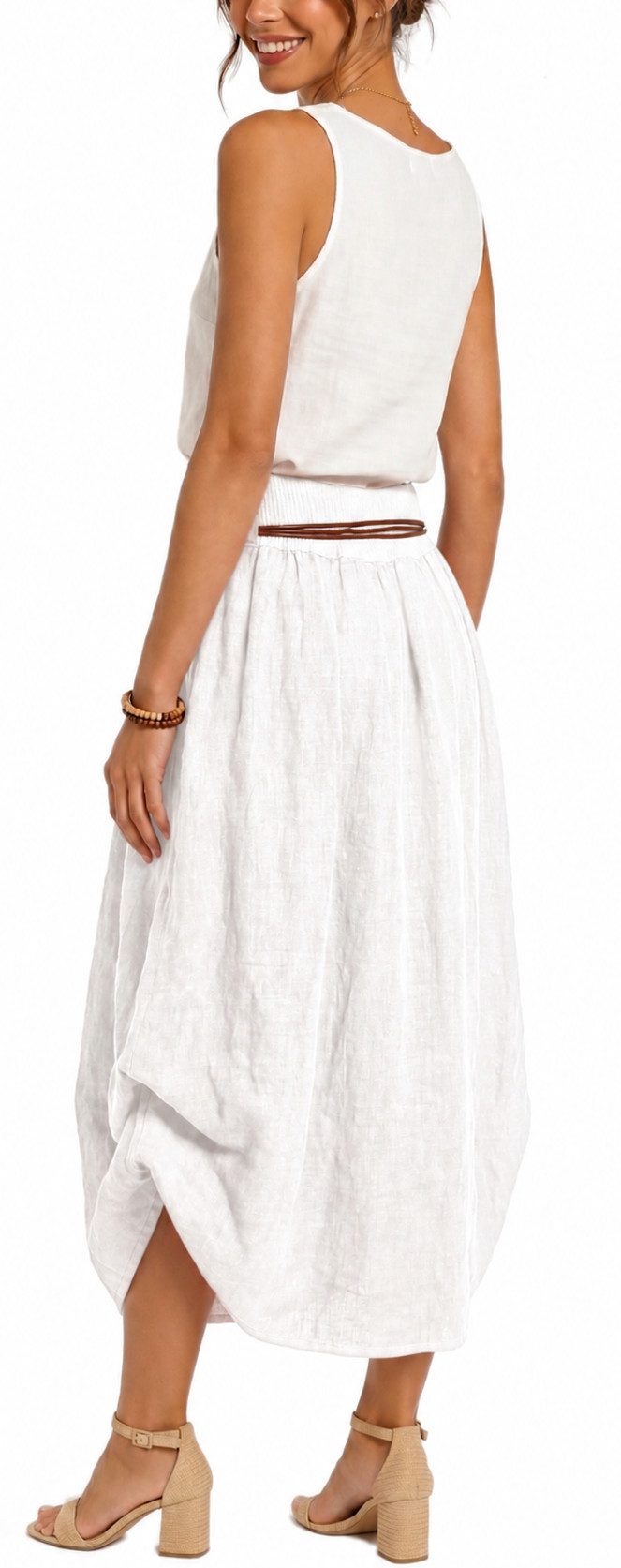dy_mode Ballonrock Damen Leinenrock Midi Ballonrock Sommerrock Midirock in Unifarbe, mit Teil-Gummibund, Variabler 2-in-1 Look – Bild 3 von 5