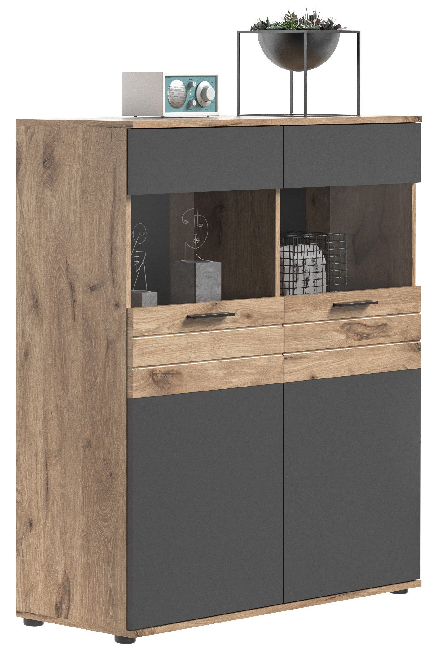Newroom Vitrine Eiche 110 cm Vitrine Basalt Grau Eiche Vitrinenschrank Glasvitrine Industrial Mo...