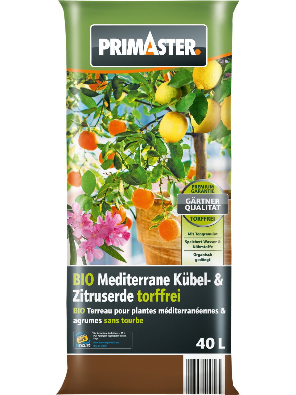 Primaster Spezialerde Primaster Mediterrane Kübel und Zitrus Erde 40 L, Torffrei