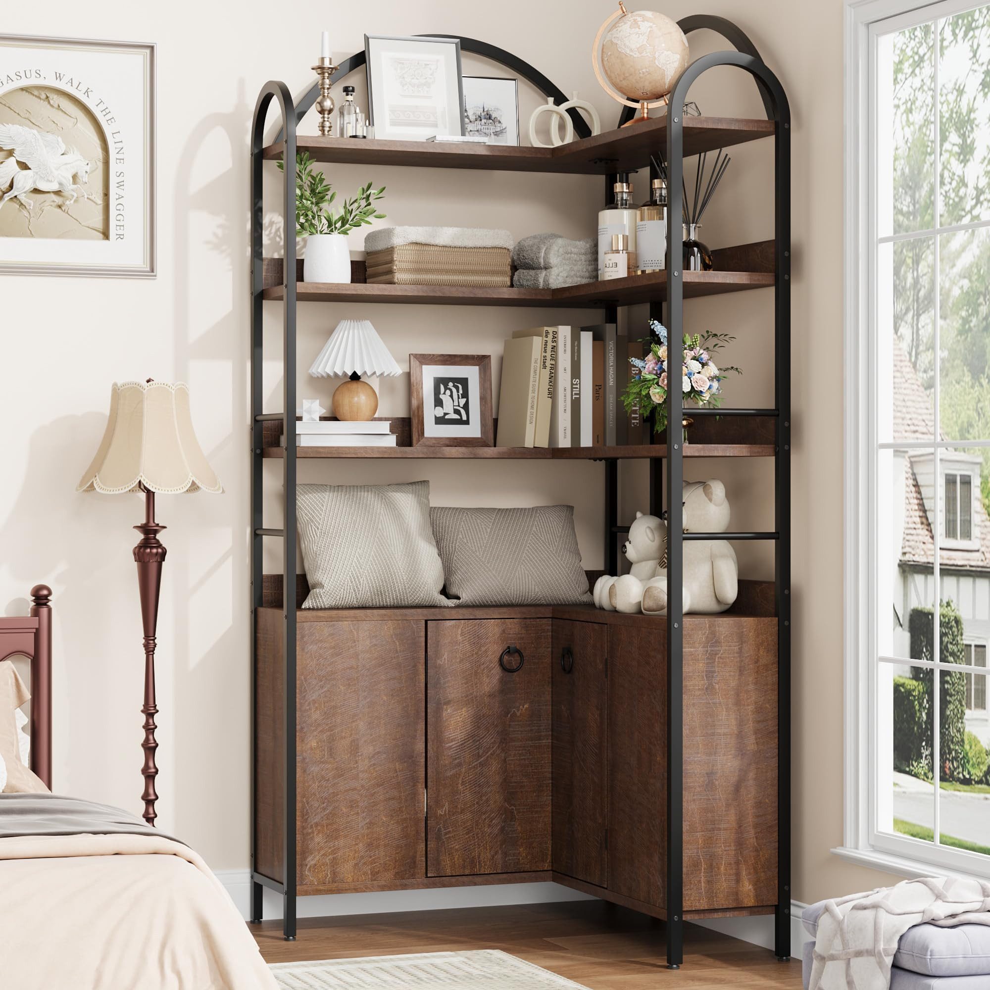 GarveeMore Bücherregal 6 Ebenen L-förmiges Eckregal Ablageregal Stauraumregal Mehrzweckregal, 189 cm Bogen Eckbücherregal Aktenregal Regal Standregal, Metallrahmen