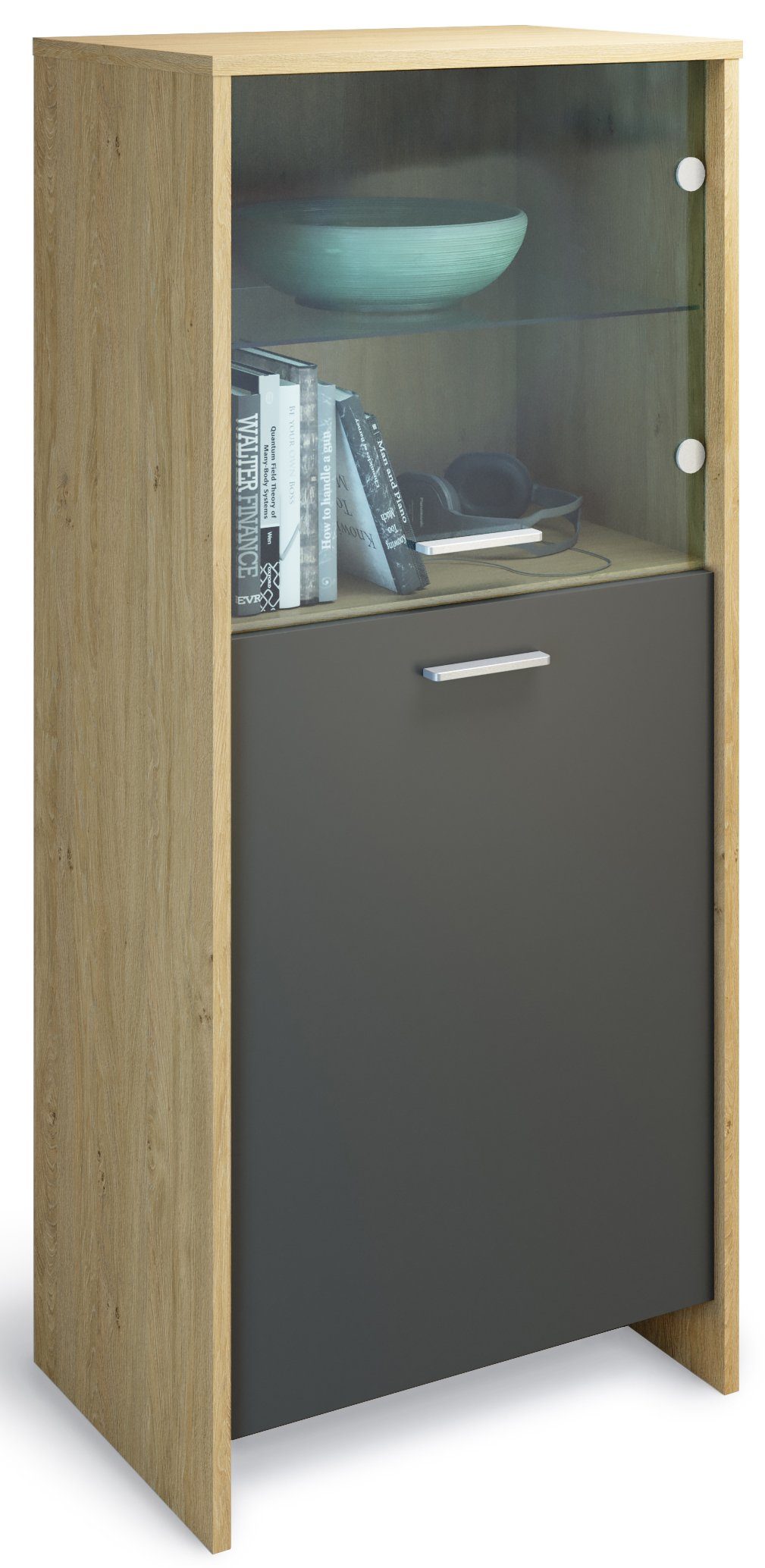 Domando Standvitrine Vitrine Matera (1-St) Breite 53cm, Tür mit Soft-Close Eiche Classic und Grau Graphit | Standvitrinen