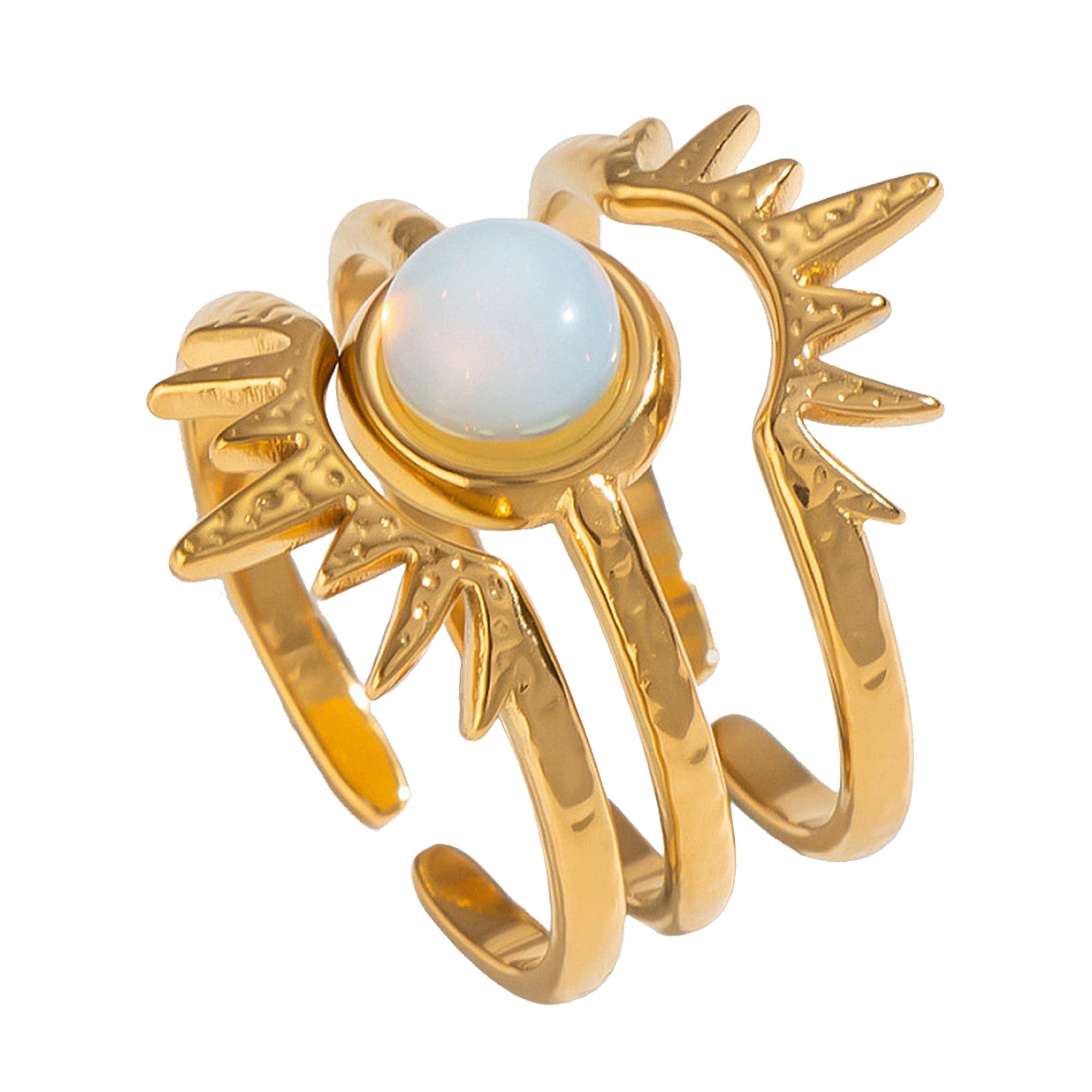 Lebensquelle Plus Fingerring Opalit Ring-Set Sonne, 3 offene Ringe aus Edelstahl, 18 Karat vergolde