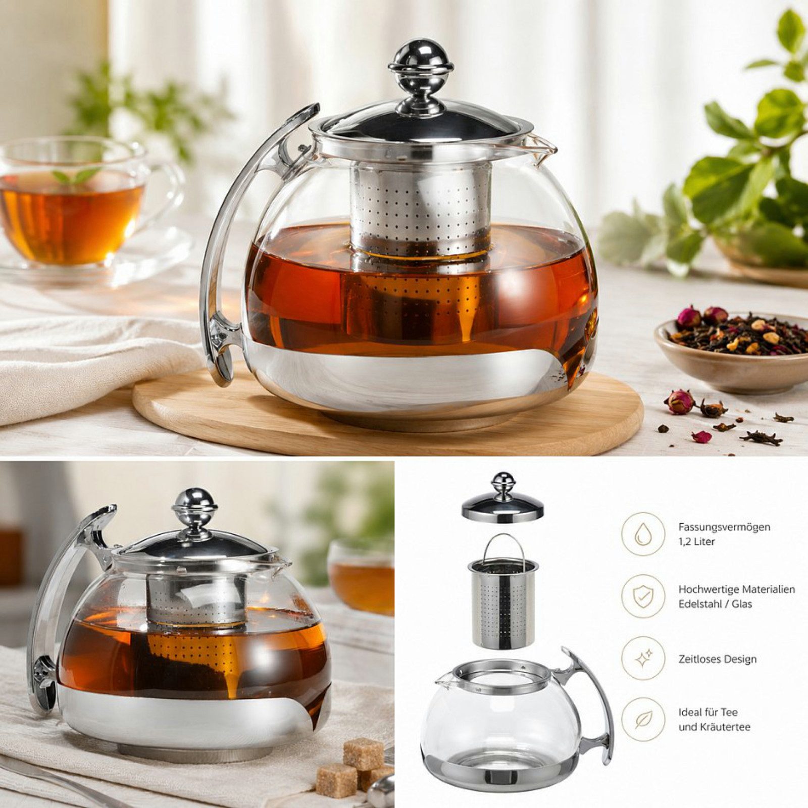 Haushalt International Teekanne Glaskanne Teebereiter Sieb 1,2L Glas Edelstahl, (Stück, 1-St., Packung), Siebeinsatz, Teefilter, 1,2 Liter, Spülmaschinengeeignet