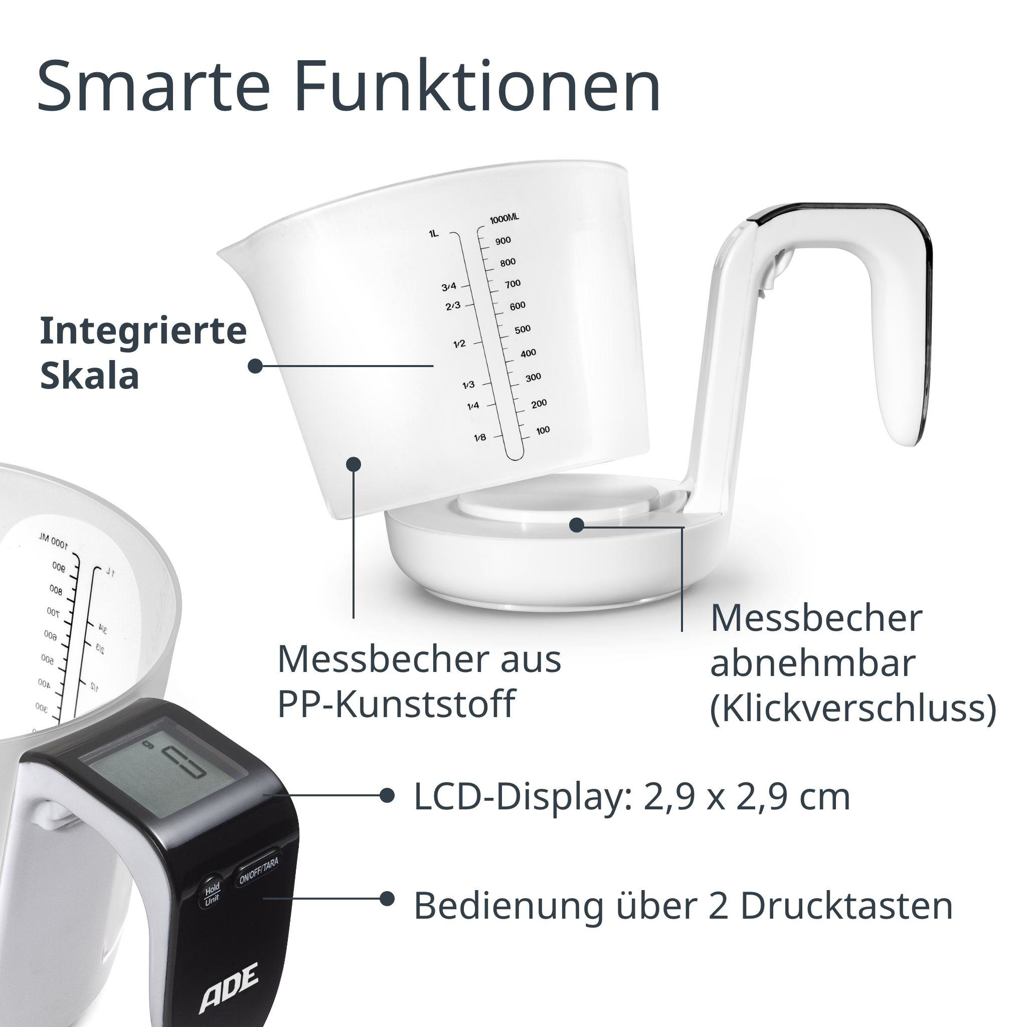 ADE Küchenwaage Messbecher-Waage mit Display im Griff, abnehmbarer Messbecher mit 1 Liter Fassungsvermögen