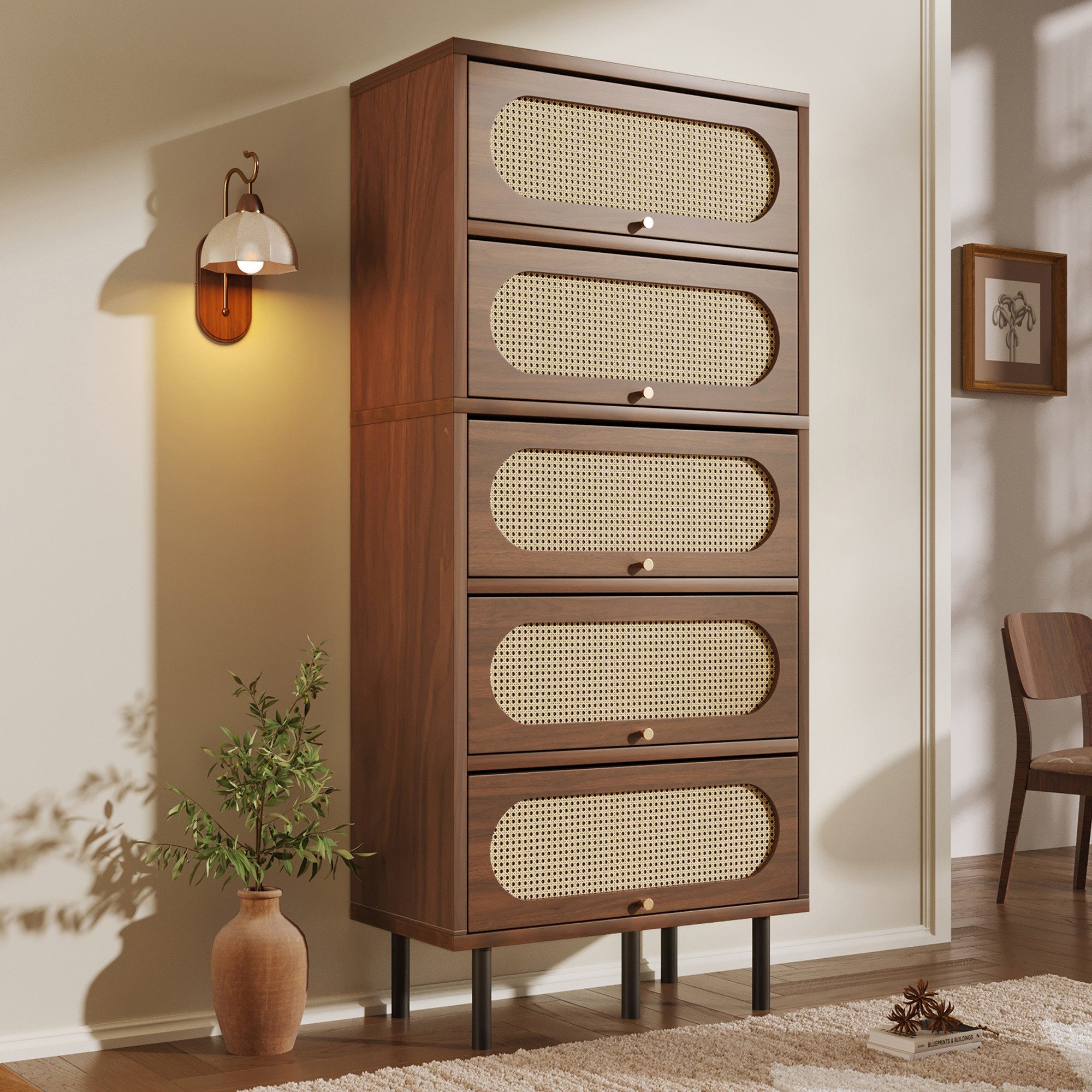 REDOM Sideboard 80x40x163 cm, Nussbaum mit Rattan, Hochschrank (Packung, 1 St., 5 Klappen, Metallbeine, großer Stauraum), Vielseitige Kommode für Wohnzimmer, Flur & Küche