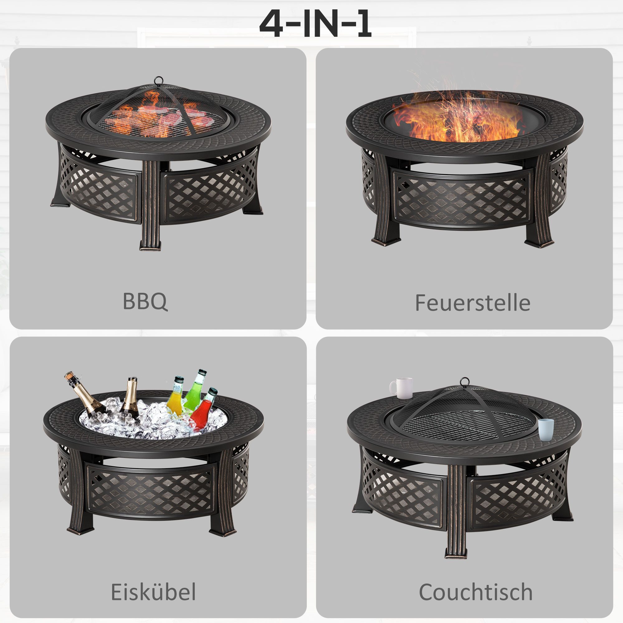 Outsunny Fire Bowl for Garden, Camping, BBQ (Spark Guard, 1 pc., Fire Bowl with Poker), Steel Black 81 x 81 x 50 cm