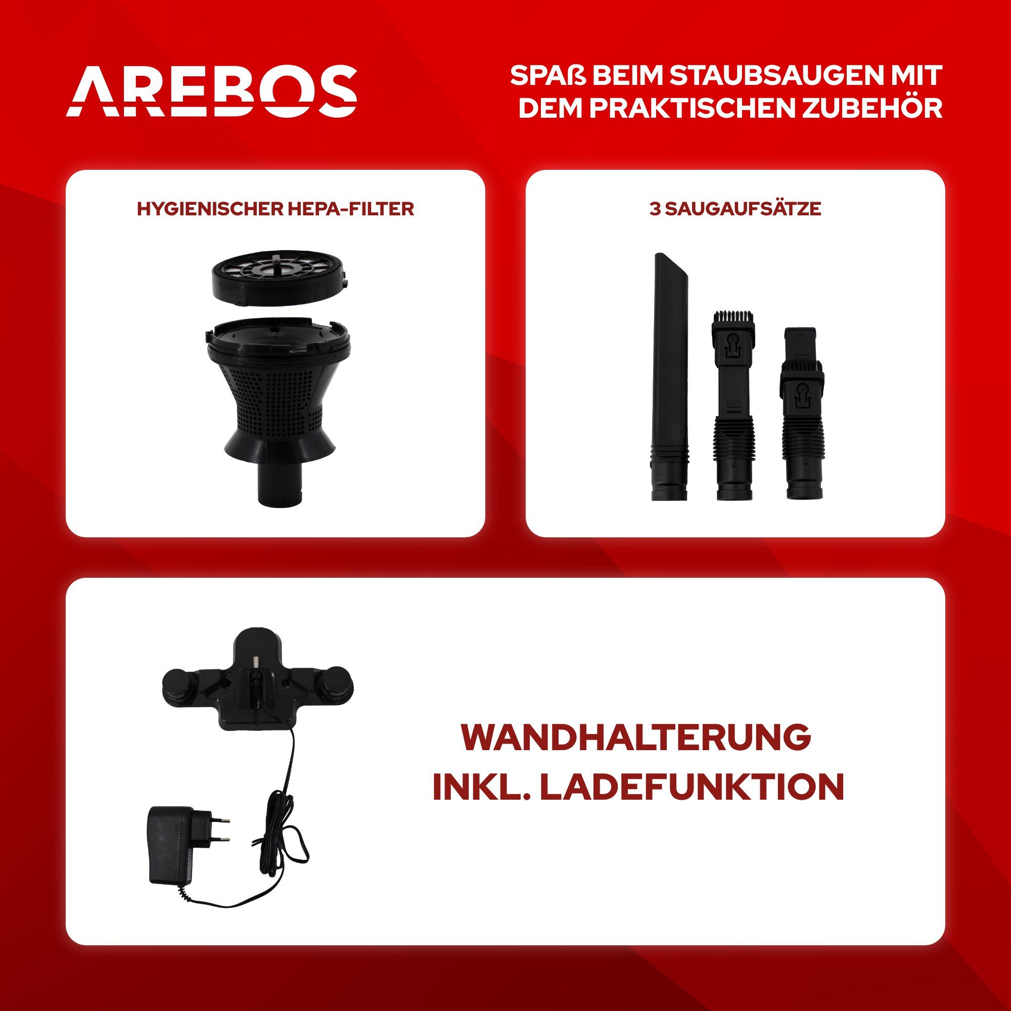 W, 200,00 beutellos Staubsauger, Akku-Handstaubsauger und schwarz Lithium-Ionen-Akku Hand- Arebos Bodenstaubsauger, 2-in-1