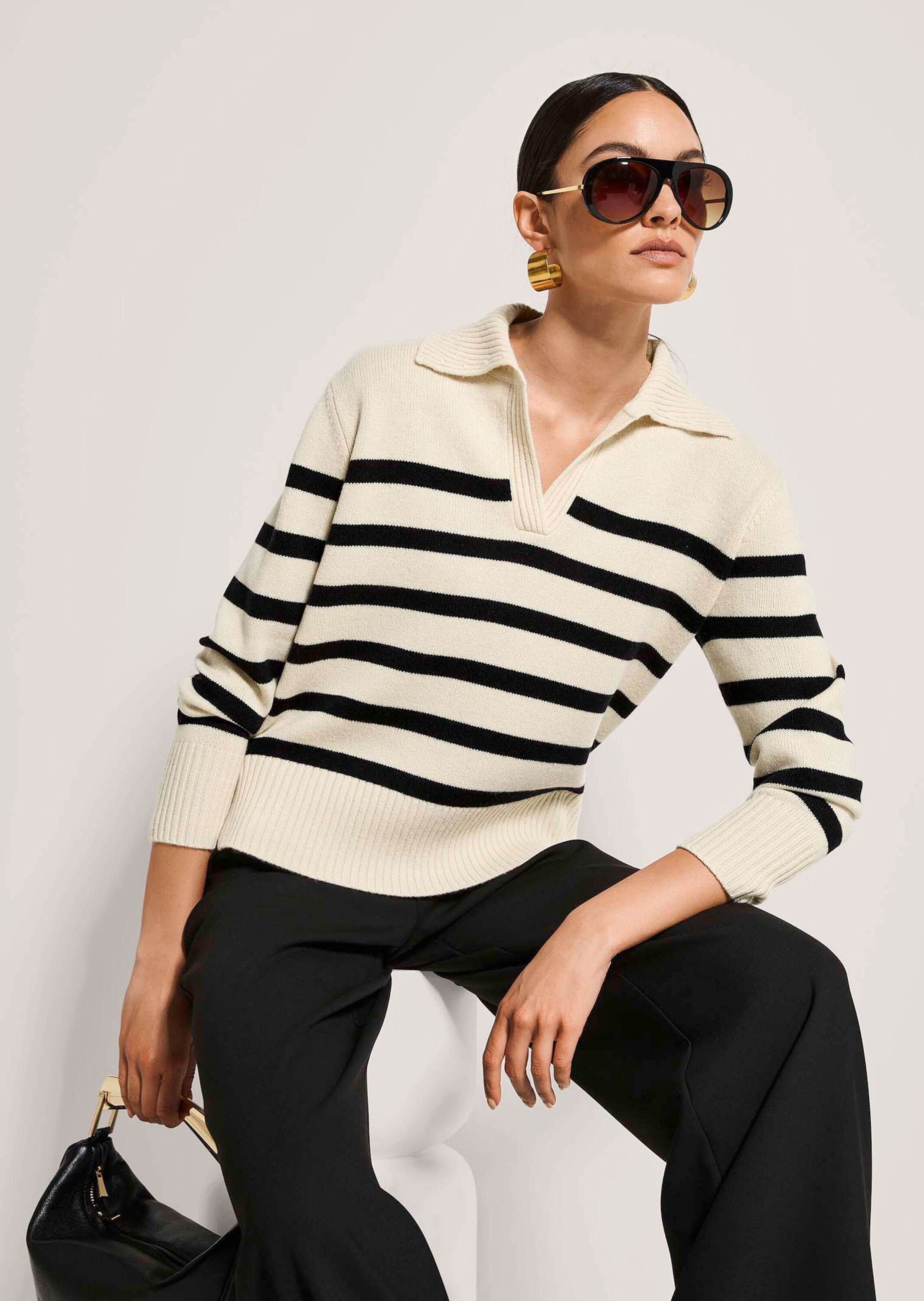 MADELEINE Strickpullover Sommerpullover im Streifen-Look Wollpullover mit Polokragen, V-Ausschnitt und Langarm