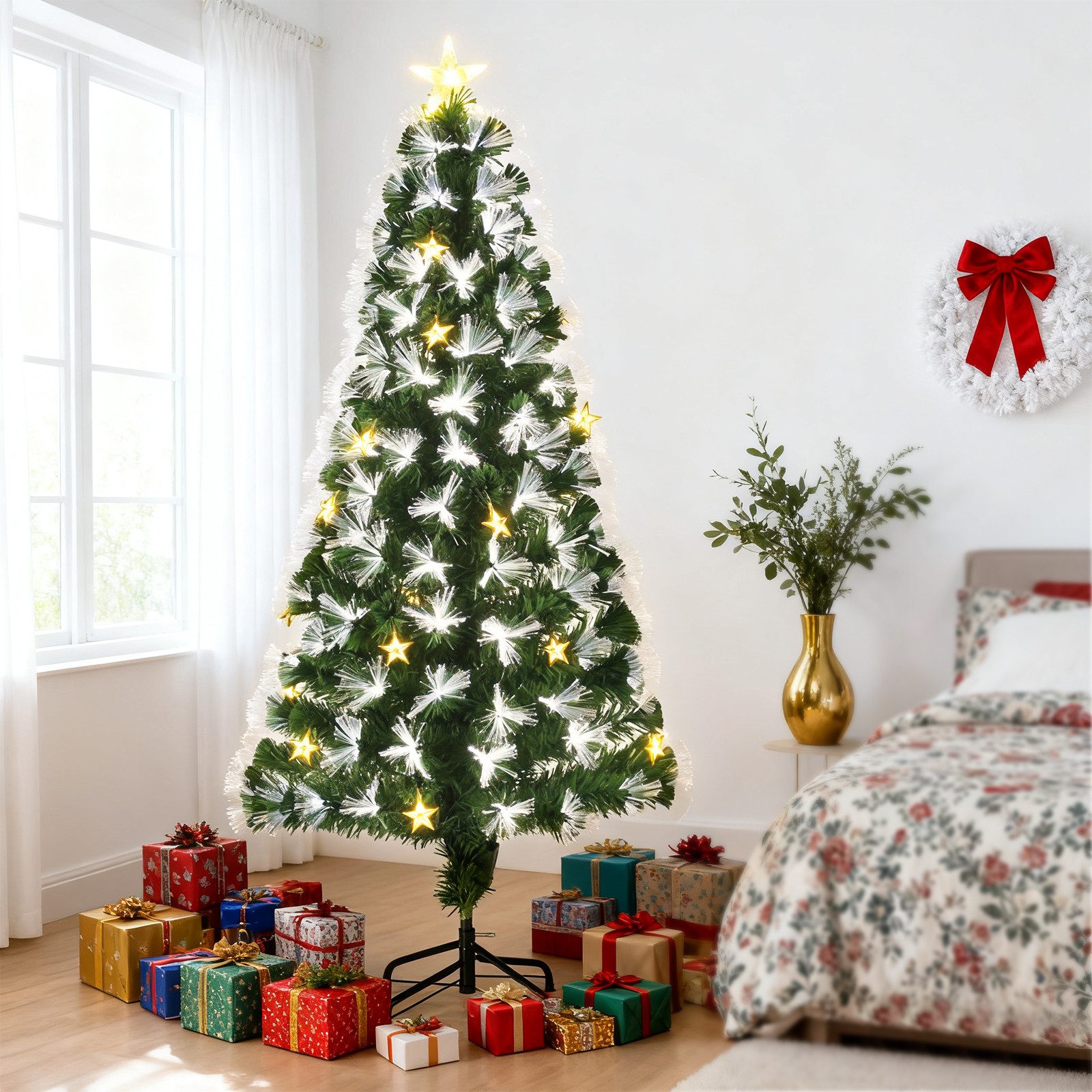 LETGOSPT Künstlicher Weihnachtsbaum Luxuriöser Künstlicher Weihnachtsbaum – Voll, Stabil & Edles Design, 150 cm Baum mit 170 Zweigen & 24 LED-Sternleuchten, Edle Akzentbeleuchtung für Kleine Räume & Sideboards