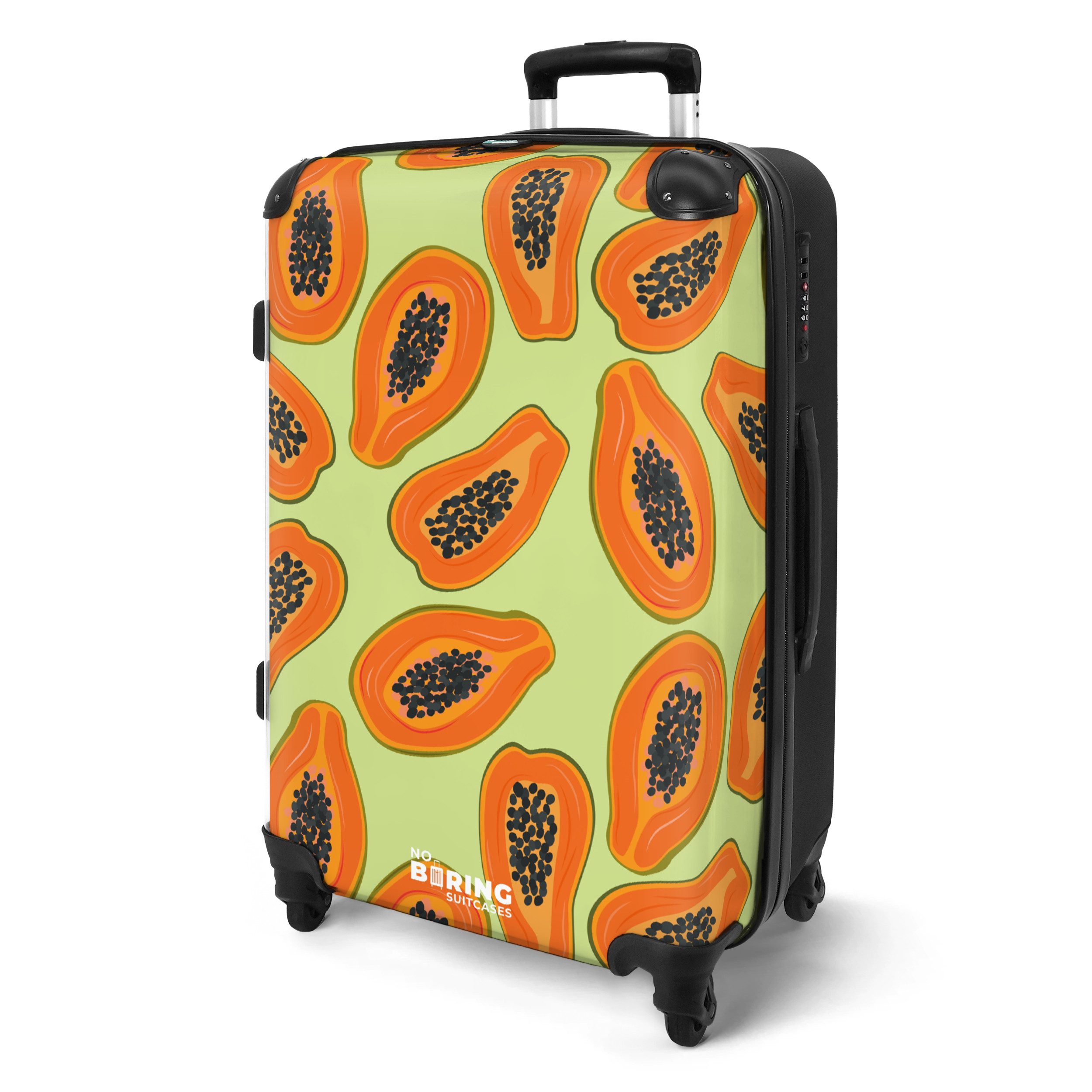 NoBoringSuitcases.com© Hartschalen-Trolley Grün mit orangefarbener Papaya günstig online kaufen