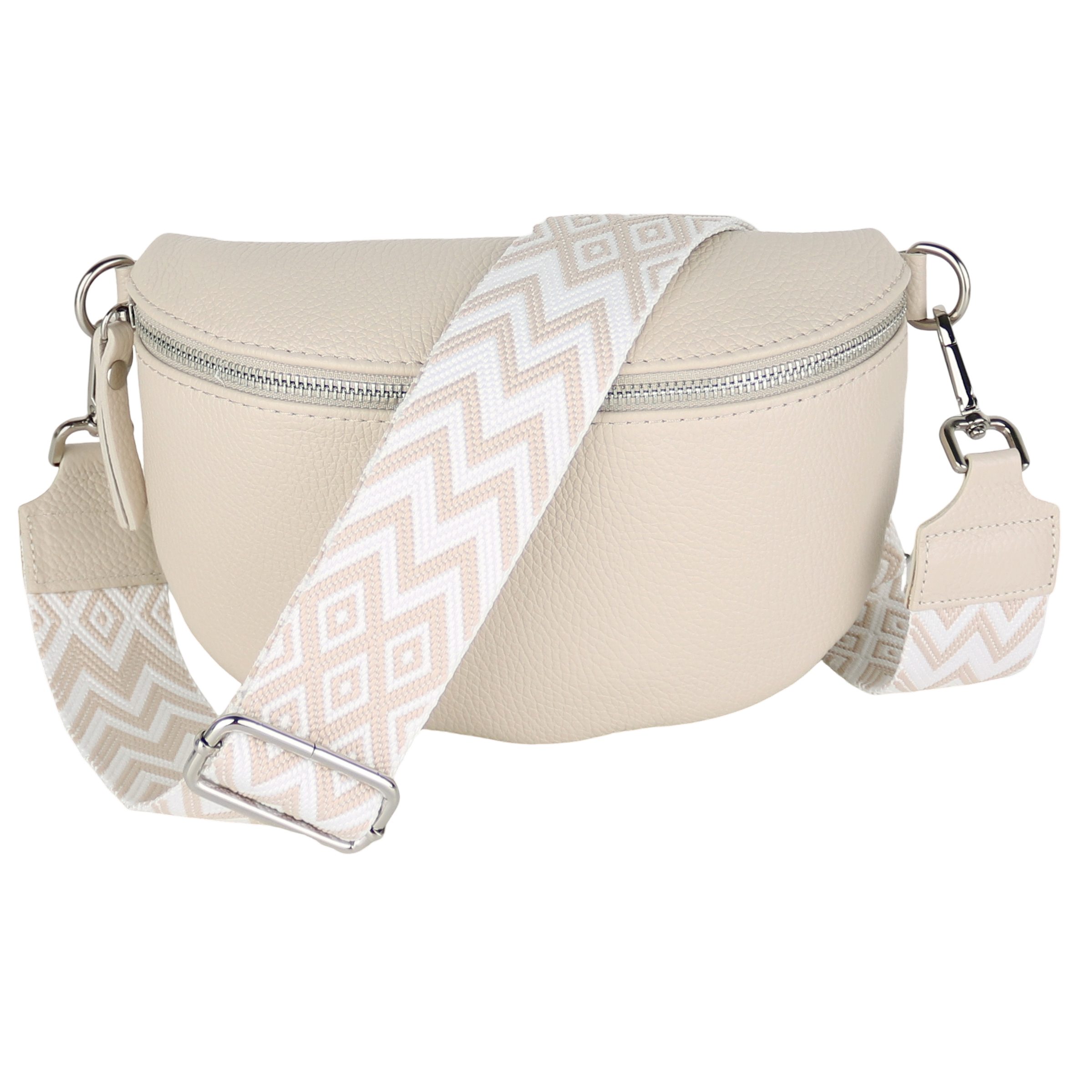 MIRROSI Bauchtasche Damen, Echtleder, Made in Italy, Umhängetasche, Brusttasche, (Schultertasche für jeden Anlass (1 Tasche & 2 Gurte), Crossbody Bag, Beige, gemusterten& verstellbaren Schulterriemen