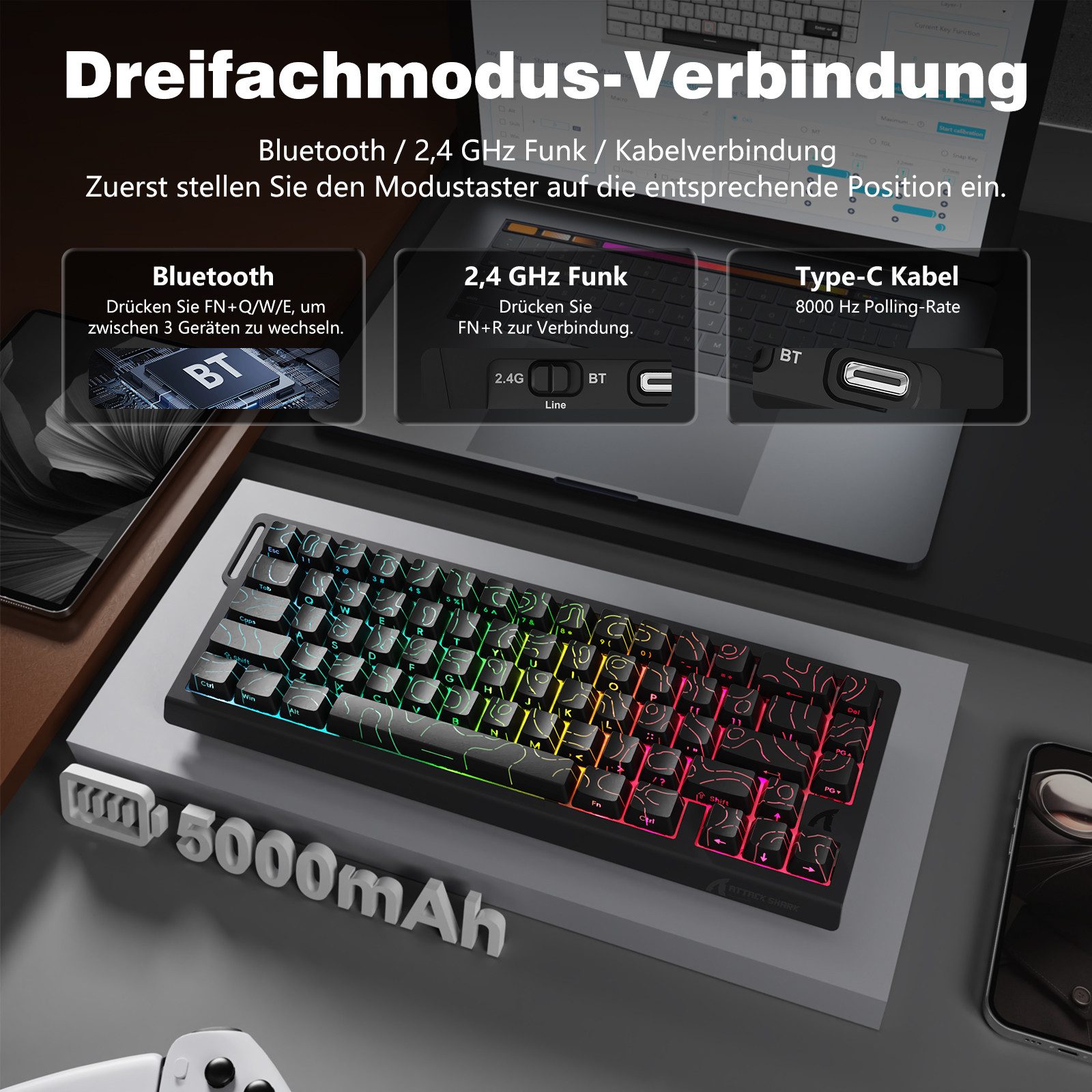 ATTACK SHARK X68PRO HE 8KHz Rapid Trigger Wireless Gaming-Tastatur,0,01mm RT Gaming-Tastatur (Hall-Effekt-Magnetschalter,BT/2.4G/Kabel,RGB)