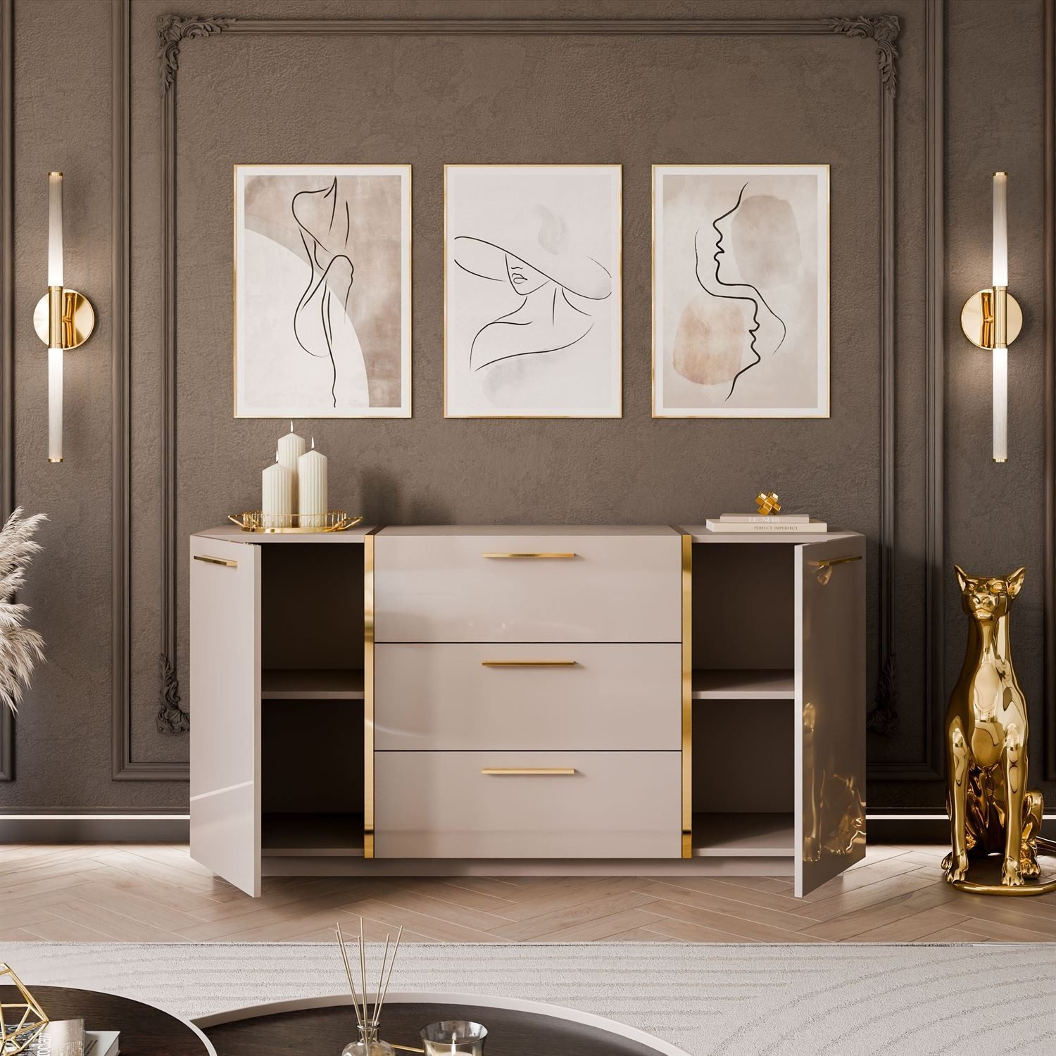 Lookway Kommode mit Schubladen ONYX Kaschmir Hochglanz 158 cm, 158x41,3x81 cm – Bild 3 von 5