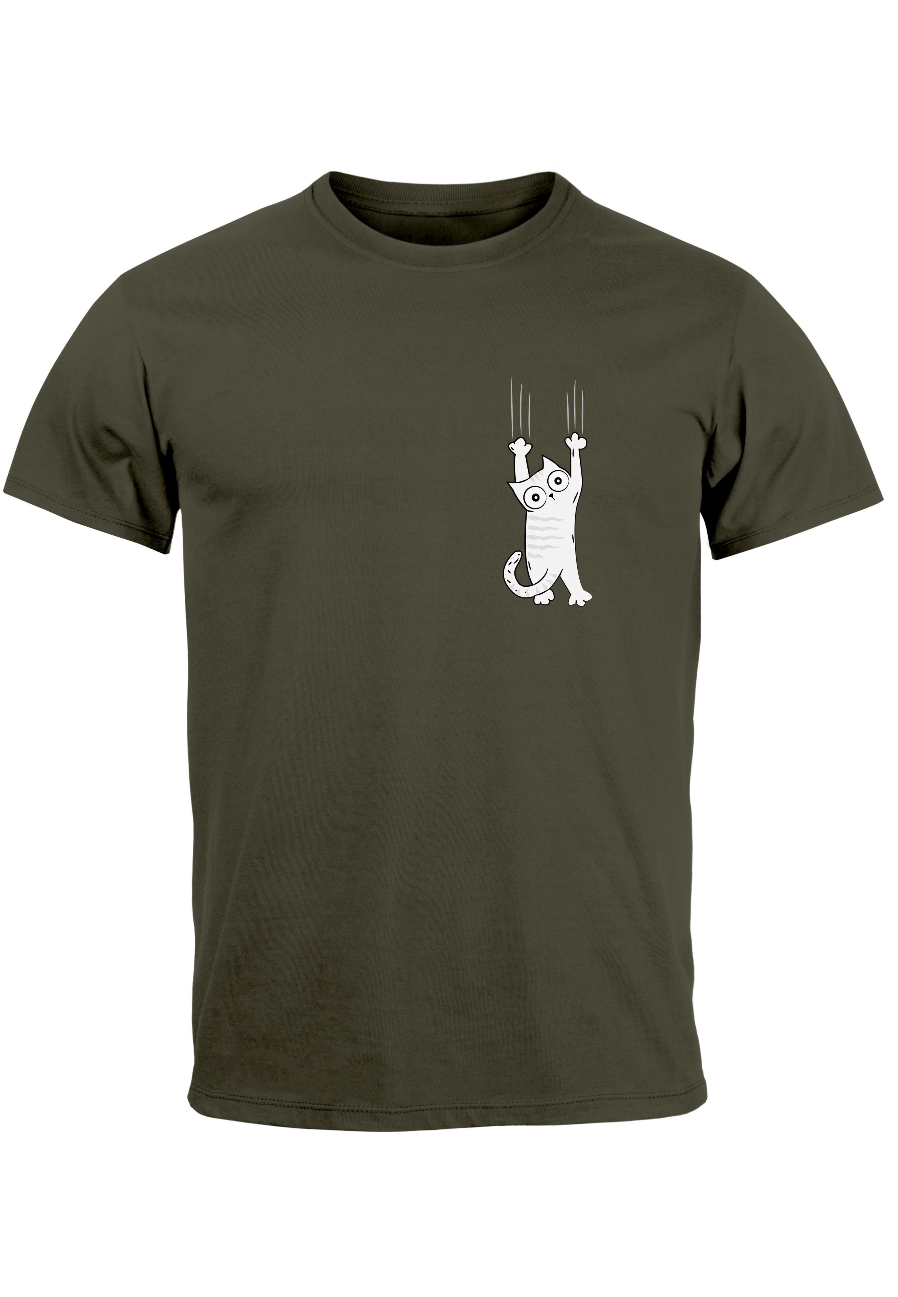 Neverless Print-Shirt Herren T-Shirt Aufdruck Katze Cat Logo lustig Kapuzen-Pullover Männer mit Print army