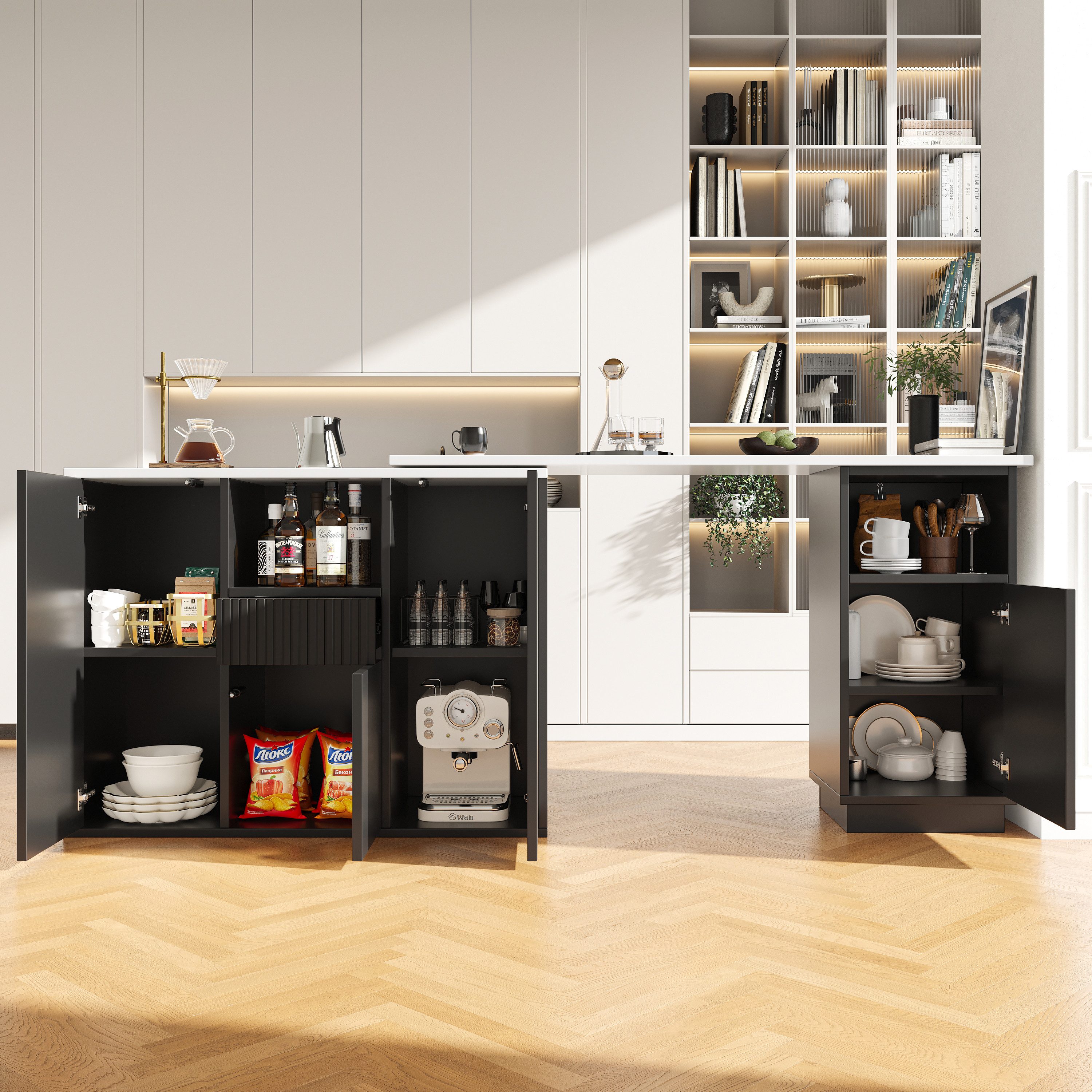 Flieks Bartisch 360° drehbar Stehtisch und Mehrzweckschrank 2-in-1 (Set, 2-St., mit verstellbarer Einlegeböden und Arbeitsplatte in Marmoroptik), schwenkbar Ess – Bild 3 von 5