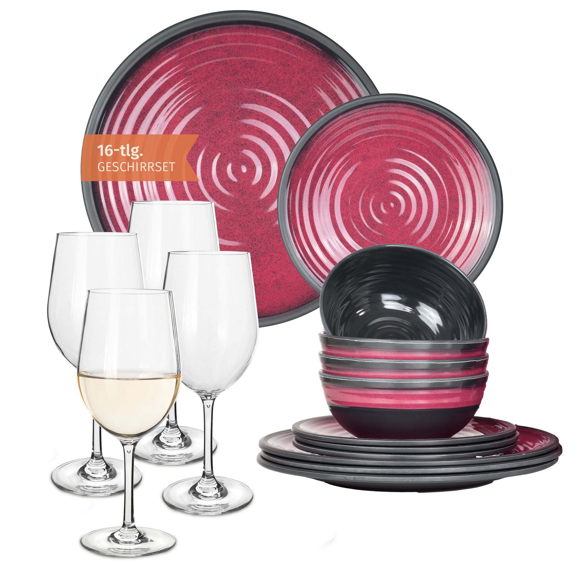 Moritz Geschirr-Set Camping Geschirr Stone Red + Tiamo Weißweingläsern