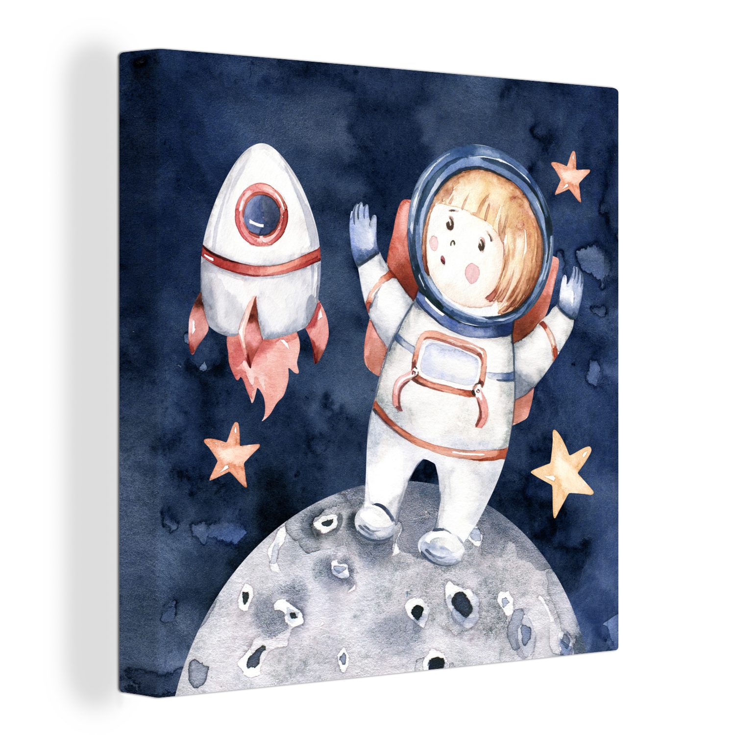 OneMillionCanvasses® Leinwandbild Weltraum - Rakete - Mond - Jungen - Mädchen - Kinder, (1 St), Leinwand Bilder für Wohnzimmer Schlafzimmer