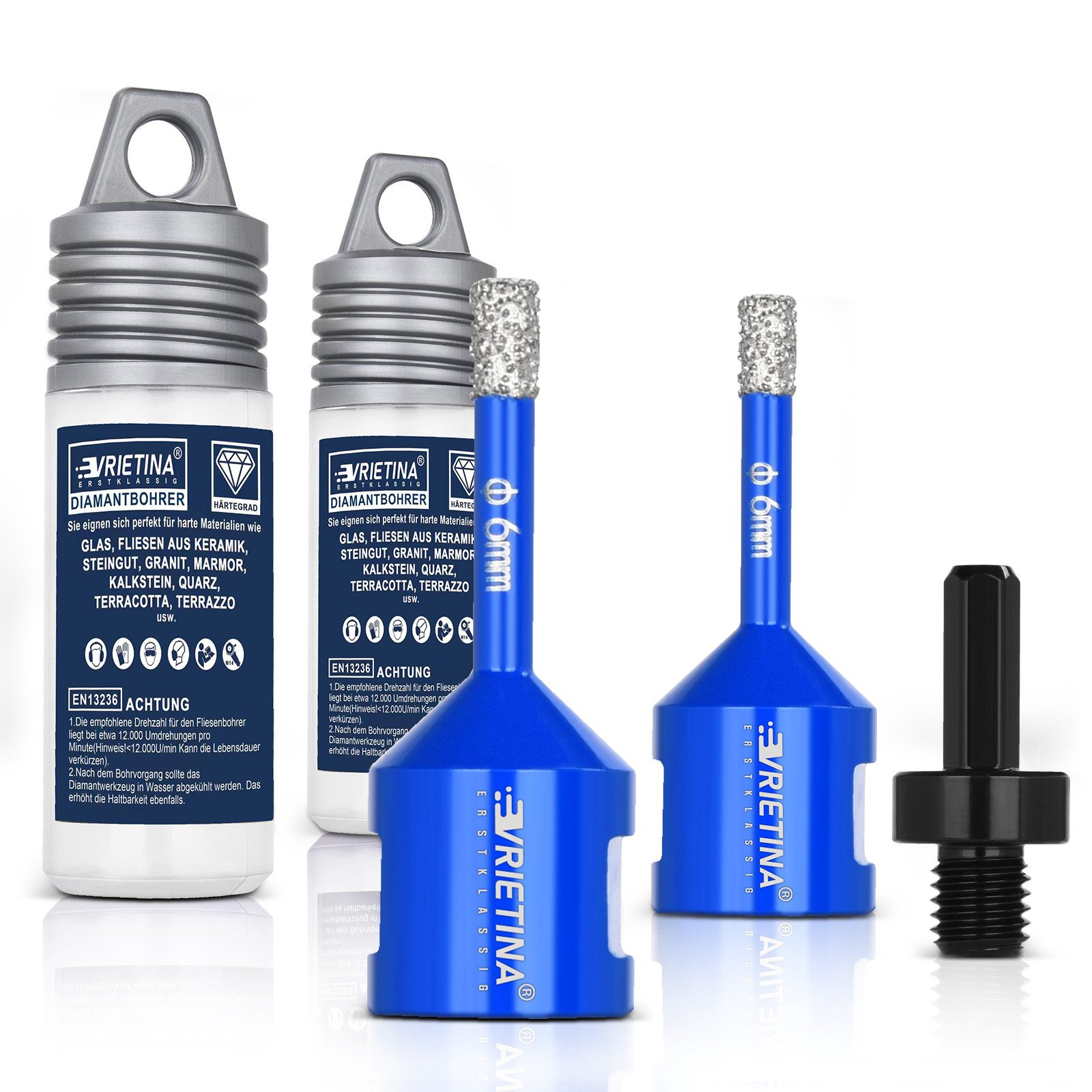 XIIW Bohrkrone 2x Diamant Fliesenbohrer mit M14 HEX Adapter Diamantbohrer Glasbohrer, Ø 6 mm, Set, 2-teiliges Ø6 mm Bohrkronen-Set mit HEX Adapter, Für Winkelschleifer, Nass- und Trockenbohren in Feinsteinzeug