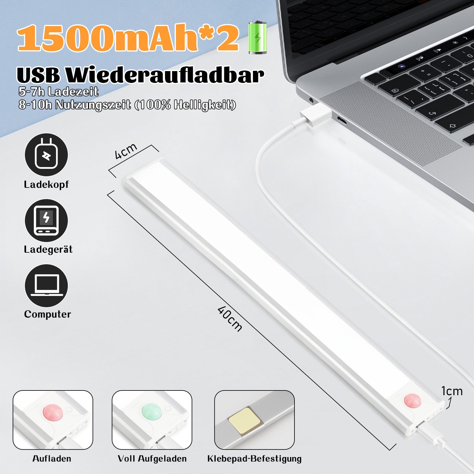 Nettlife LED Unterbauleuchte Bewegungsmelder dimmbar 20/30/40 cm wählbar USB Schrankbeleuchtung, LED fest integriert, 3 Farbtemperatur Aufladbar Schrankleuchte für Flur Cabinet