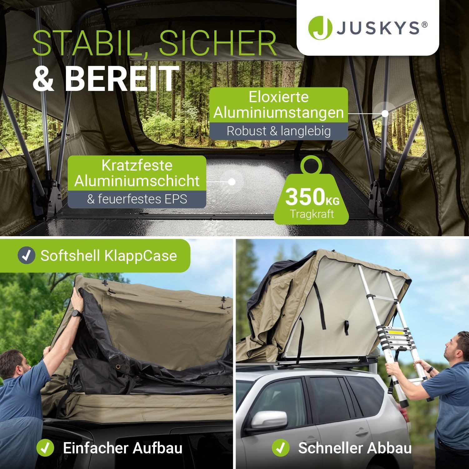 Juskys Dachzelt Lago, Wasserdicht, Teleskopleiter, 2 Personen Zelt, LED Beleuchtung