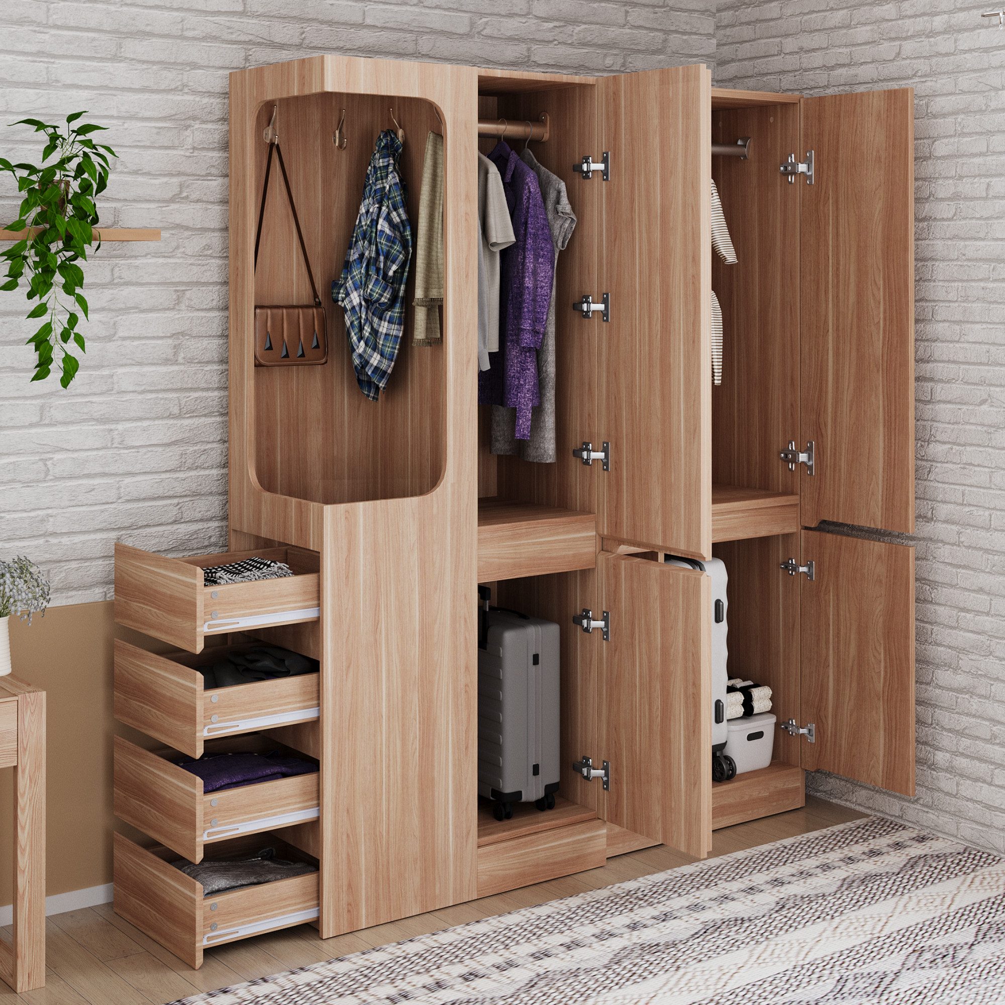 BlingBin Kleiderschrank Extra großer Garderobenschrank Garderoben-Set (1-St., mit 4 Schubladen,6 Türen,4 Haken,2 Kleiderstangen) 140x40x170cm(auf der linken Seite)