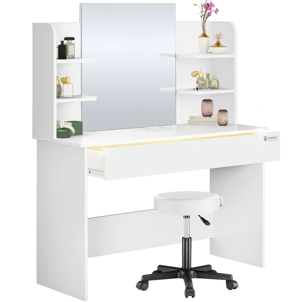 Casaria Schminktisch Lucia, mit Spiegel und Hocker LED Schublade Schminkkommode 110x40cm Weiß