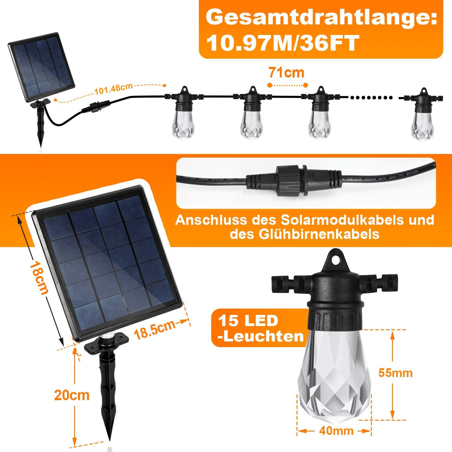 Lospitch LED-Lichterkette Solar lichterkette IP44, 15-flammig, 15LED 10m Solar, Lampe Fernbedienung Mit Beleuchtung mit Fernbedienung