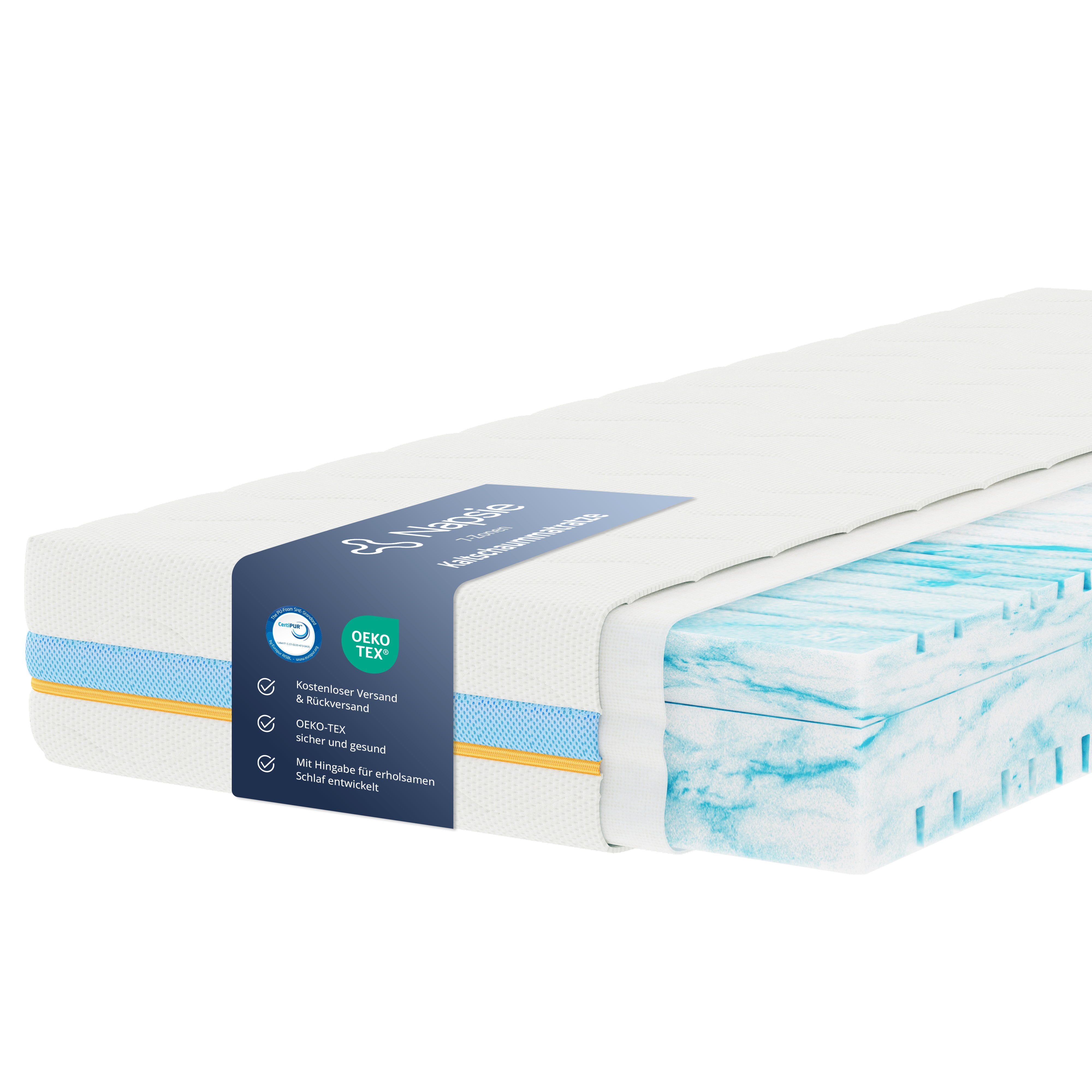 Kaltschaummatratze 7-Zonen Rollmatratze mit waschbarem Bezug, 12 / 16 / 18 / 22 cm Höhe, Napsie, Dual-Core Matratze mit wählbaren Härtegraden, H2 weich / H3 mittelfest