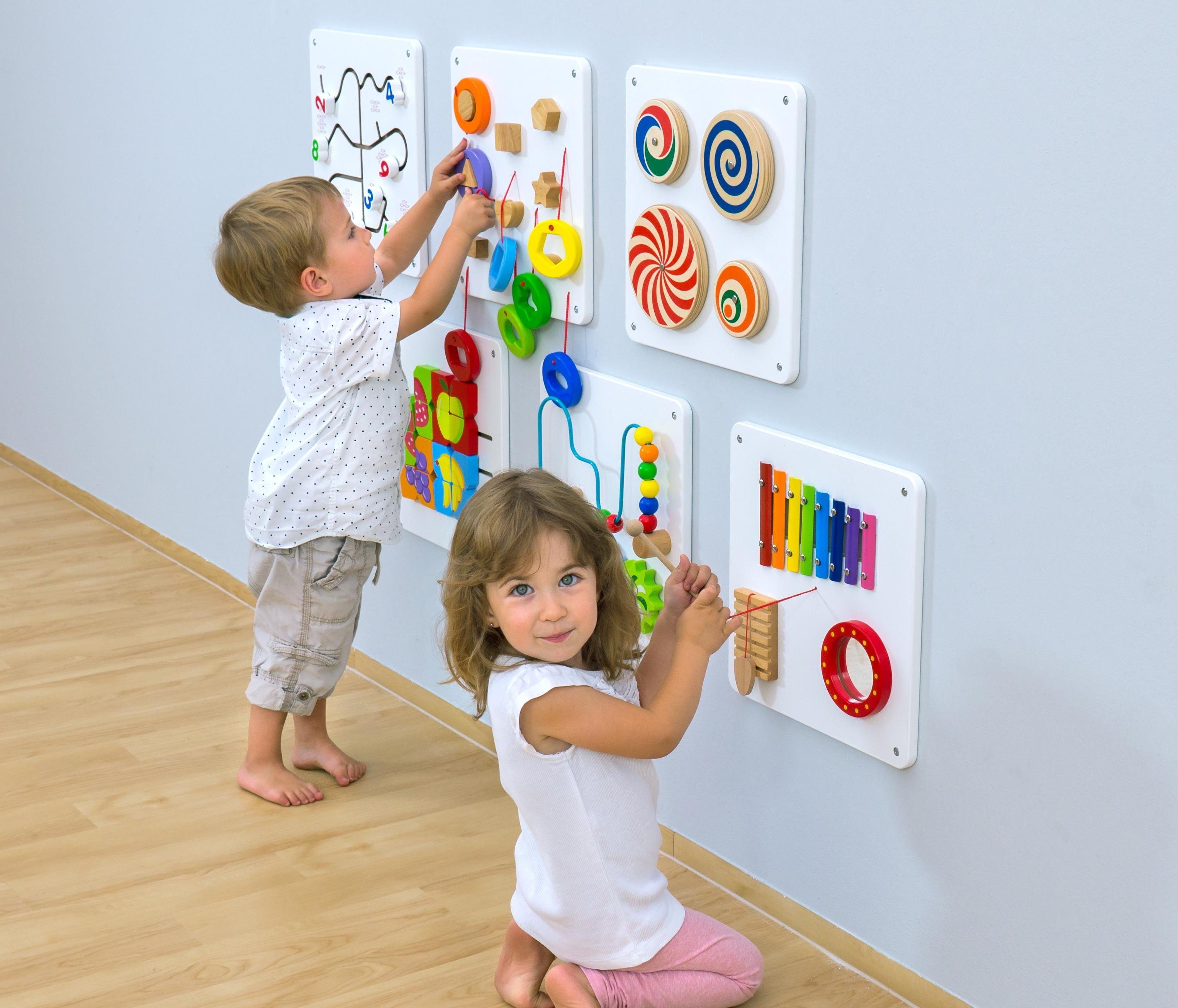 Betzold Motorikbrett Wandelemente Set 1, 6er-Set – Holz-Wandspielset für Kinder