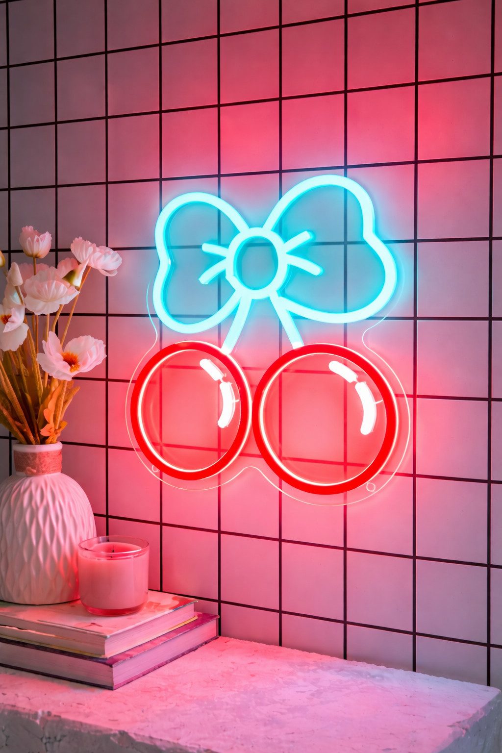 TSE LED Nachtlicht CHERRY LED Neon Kirschen Schleife Licht Wanddeko 35x28cm Nachtlicht