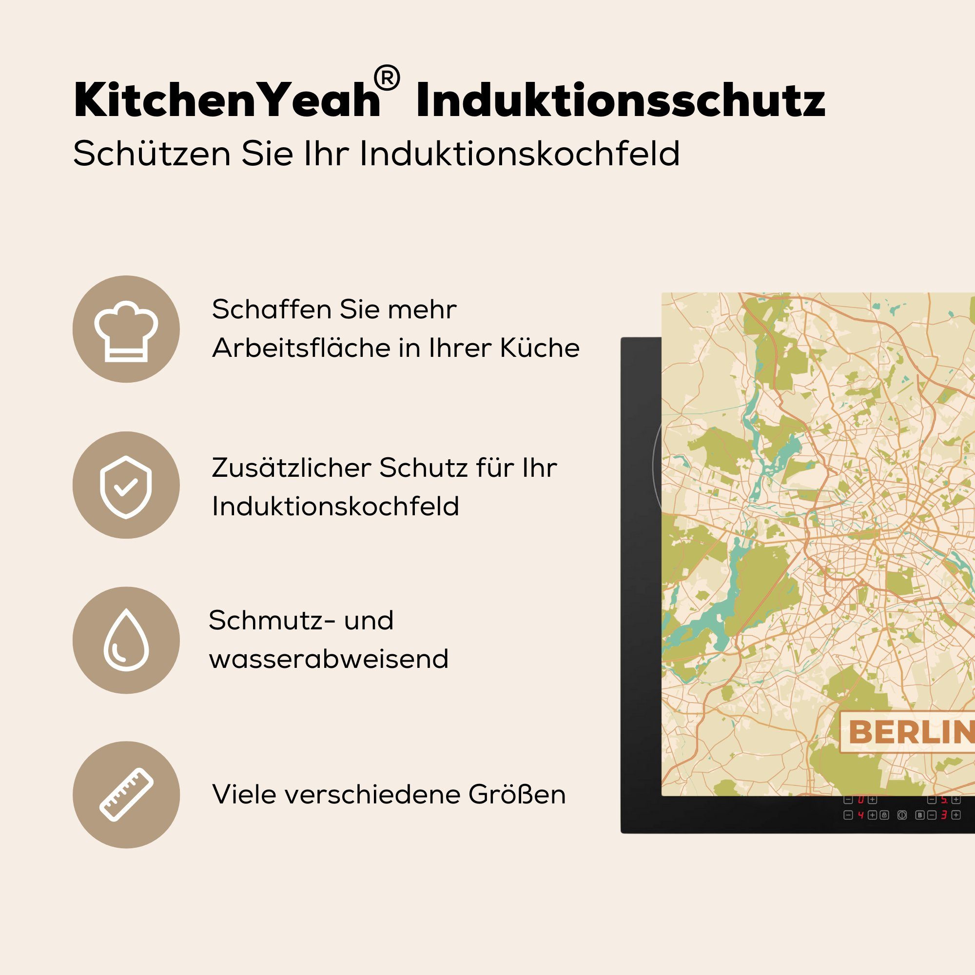 Berlin - küche tlg), Stadtplan, Vinyl, Vintage (1 Herdblende-/Abdeckplatte Arbeitsplatte cm, - für MuchoWow Stadtplan - Ceranfeldabdeckung, 78x78